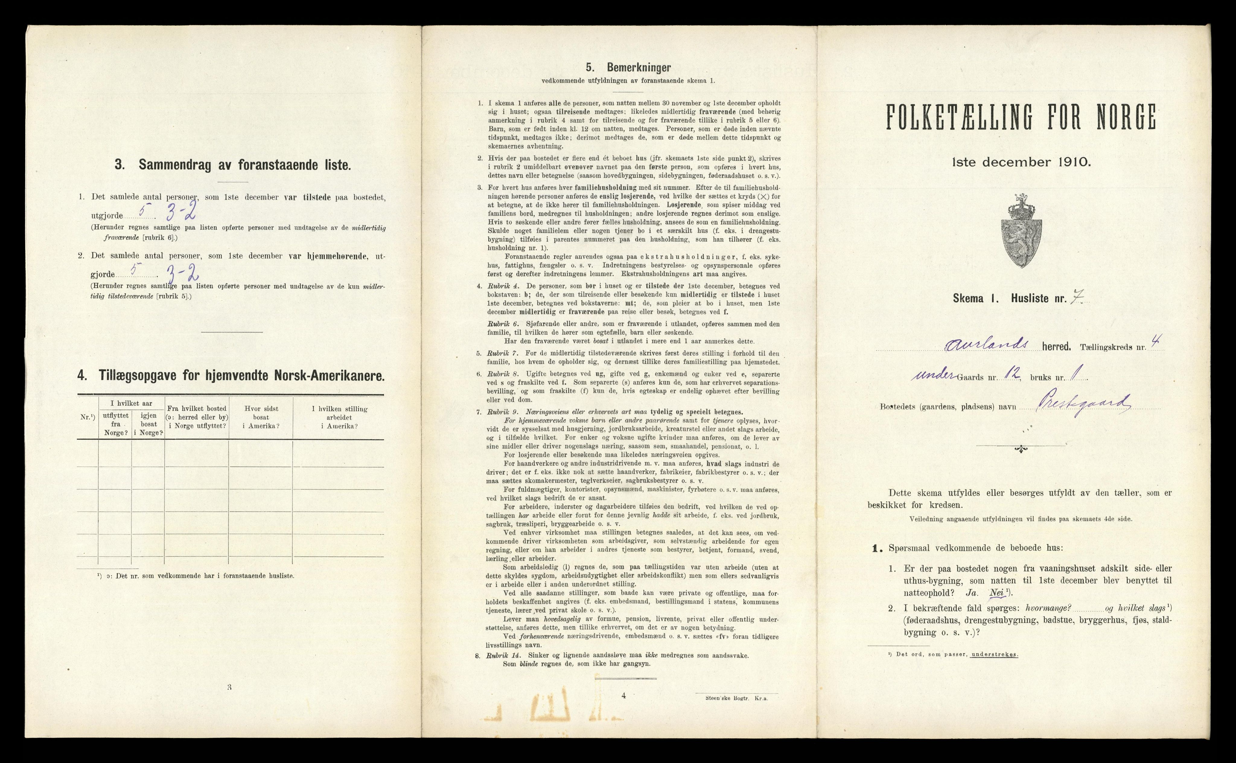 RA, 1910 census for Aurland, 1910, p. 273