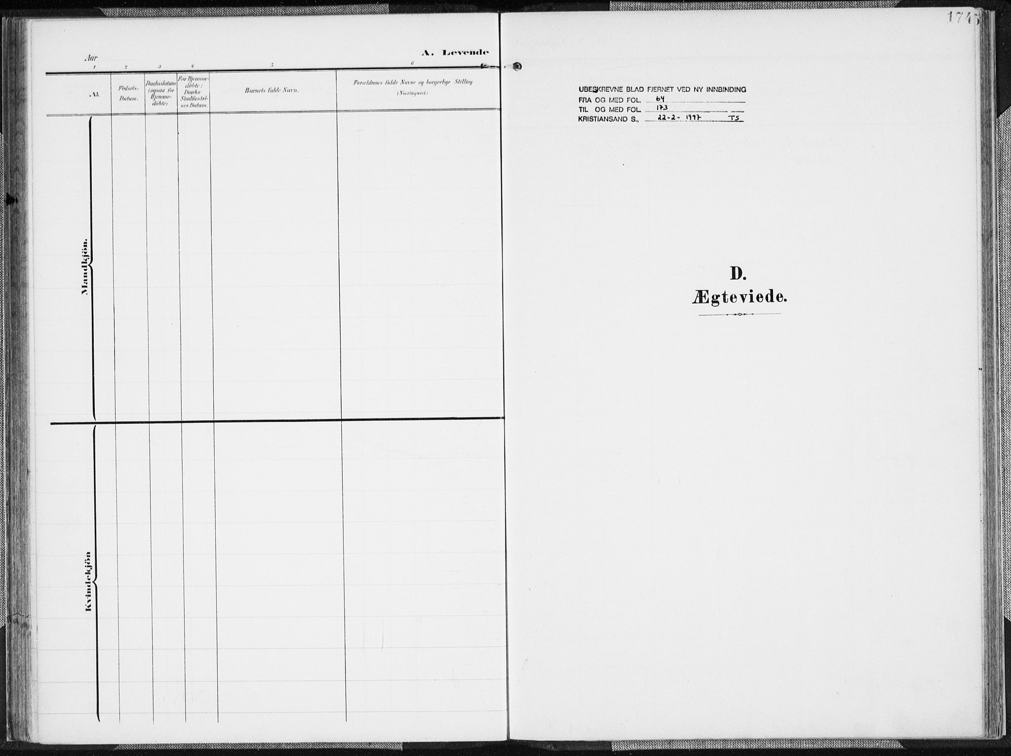 Mandal sokneprestkontor, SAK/1111-0030/F/Fa/Faa/L0020: Parish register (official) no. A 20, 1906-1912, p. 174
