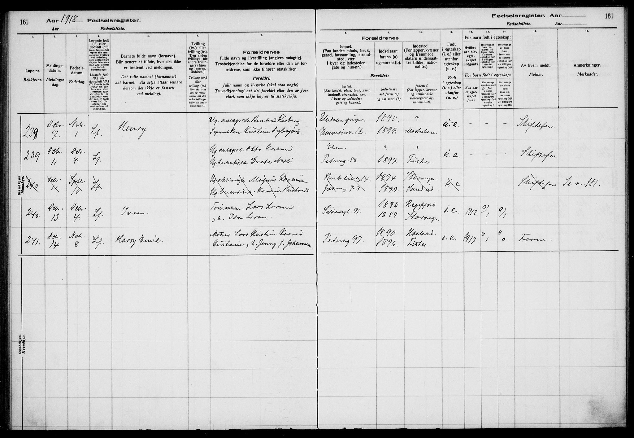 St. Johannes sokneprestkontor, AV/SAST-A-101814/002/A/L0001: Birth register no. 1, 1916-1919, p. 161