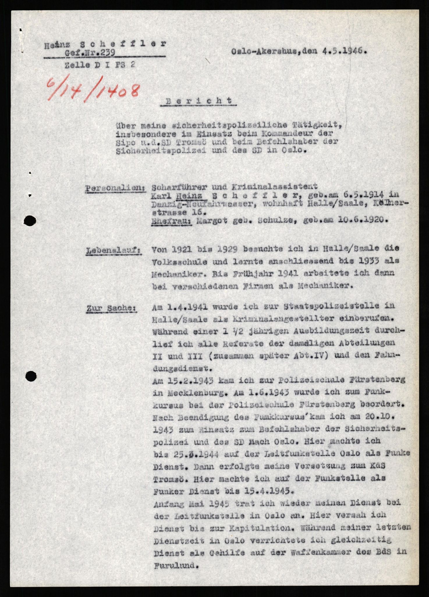 Forsvaret, Forsvarets overkommando II, RA/RAFA-3915/D/Db/L0029: CI Questionaires. Tyske okkupasjonsstyrker i Norge. Tyskere., 1945-1946, p. 96