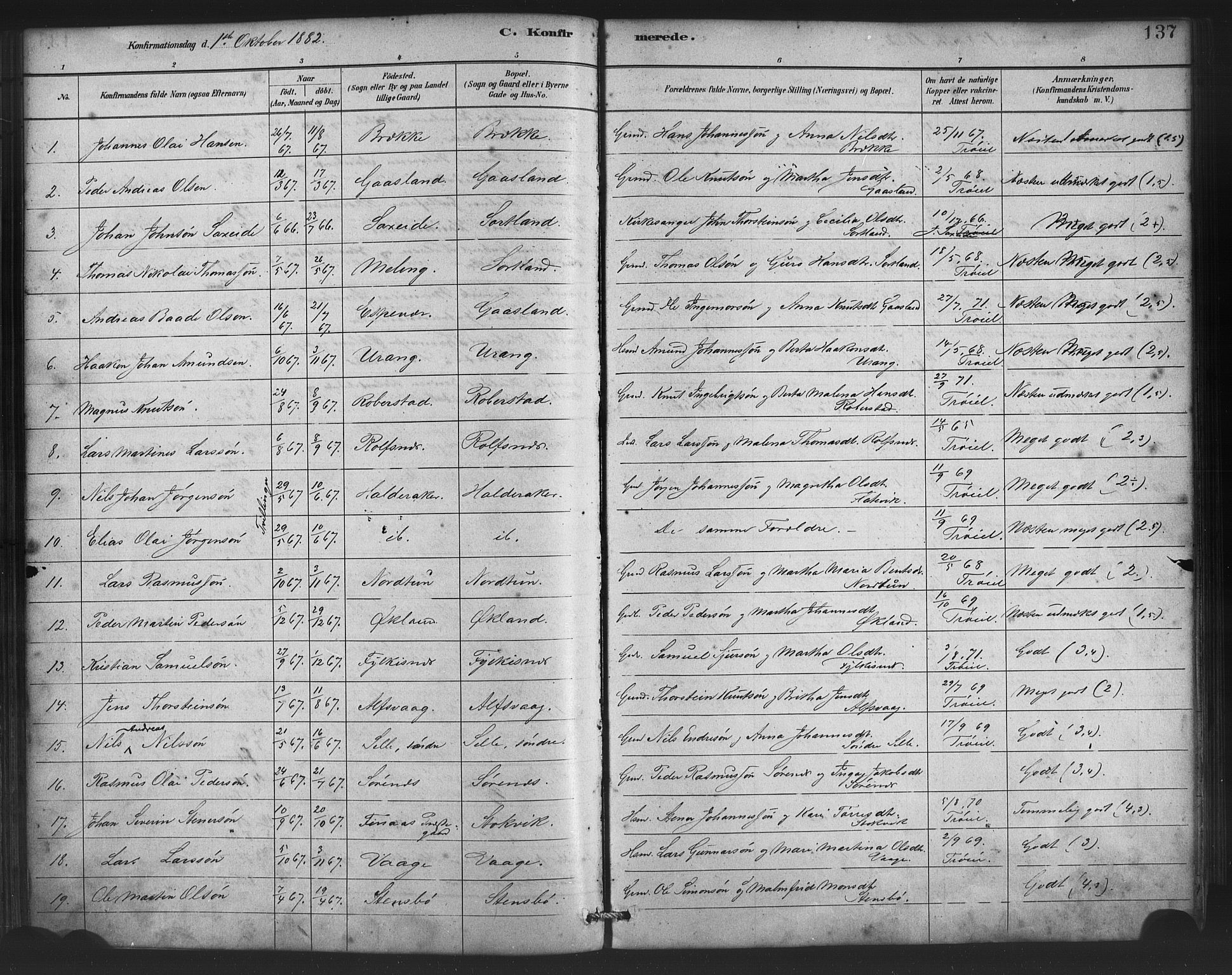Finnås sokneprestembete, SAB/A-99925/H/Ha/Haa/Haac/L0001: Parish register (official) no. C 1, 1881-1894, p. 137