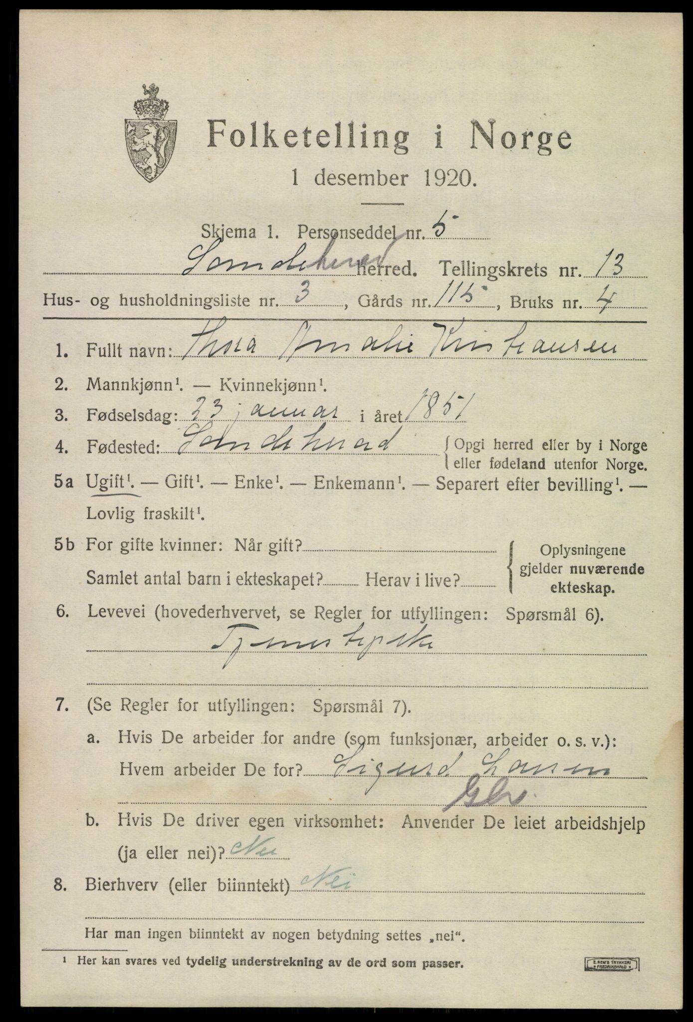 SAKO, 1920 census for Sandeherred, 1920, p. 19138