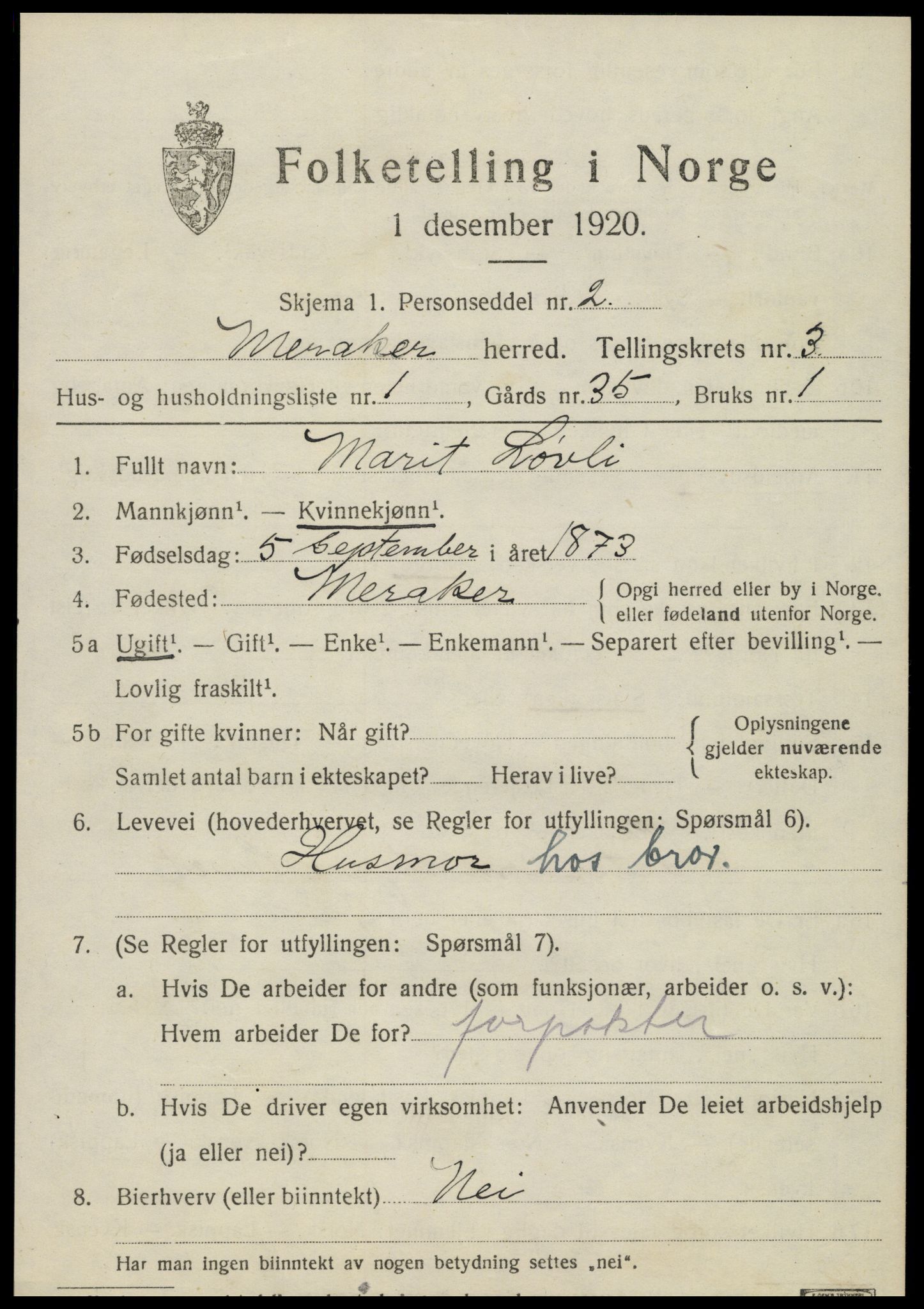 SAT, 1920 census for Meråker, 1920, p. 3096