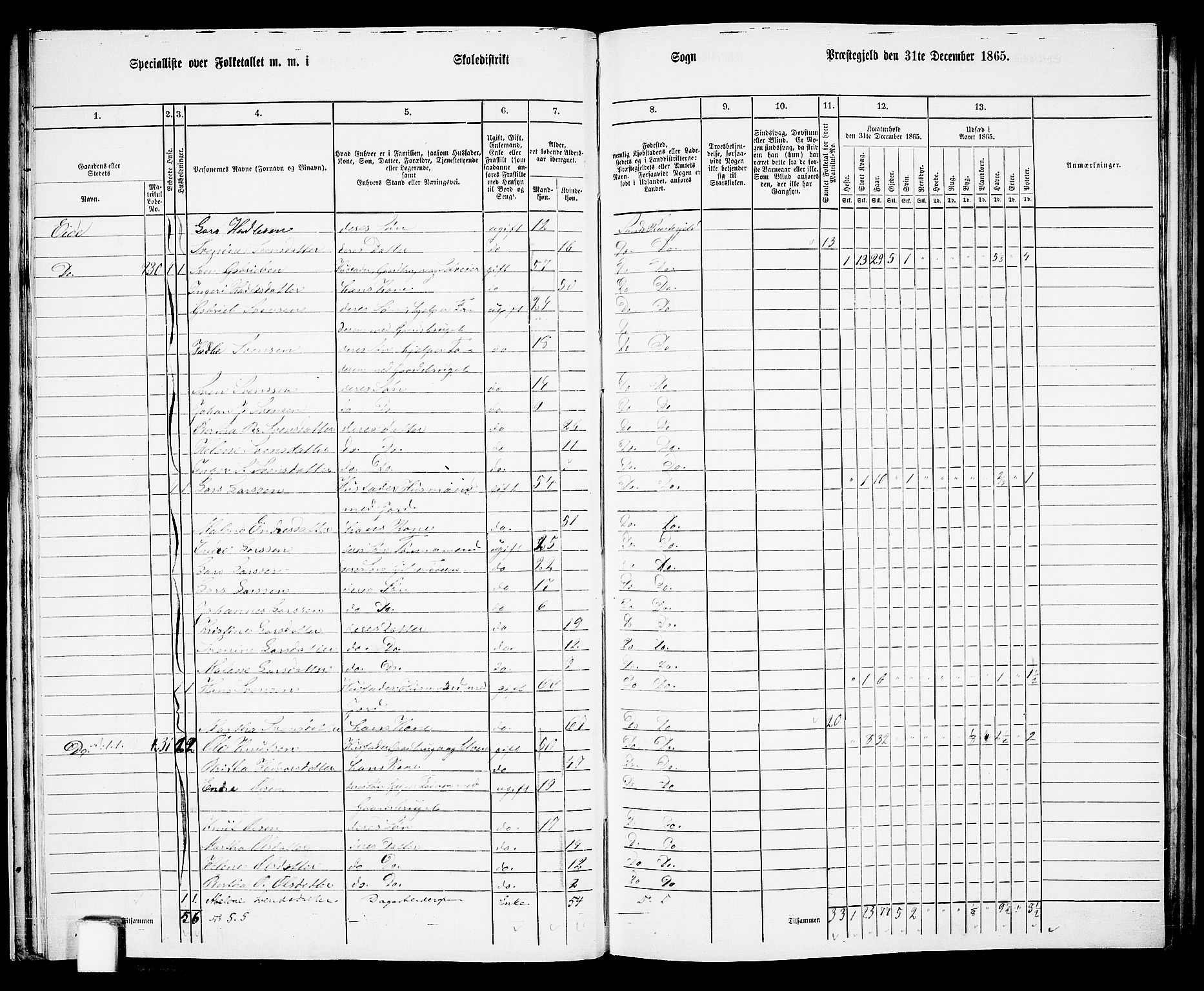 RA, 1865 census for Sand, 1865, p. 29