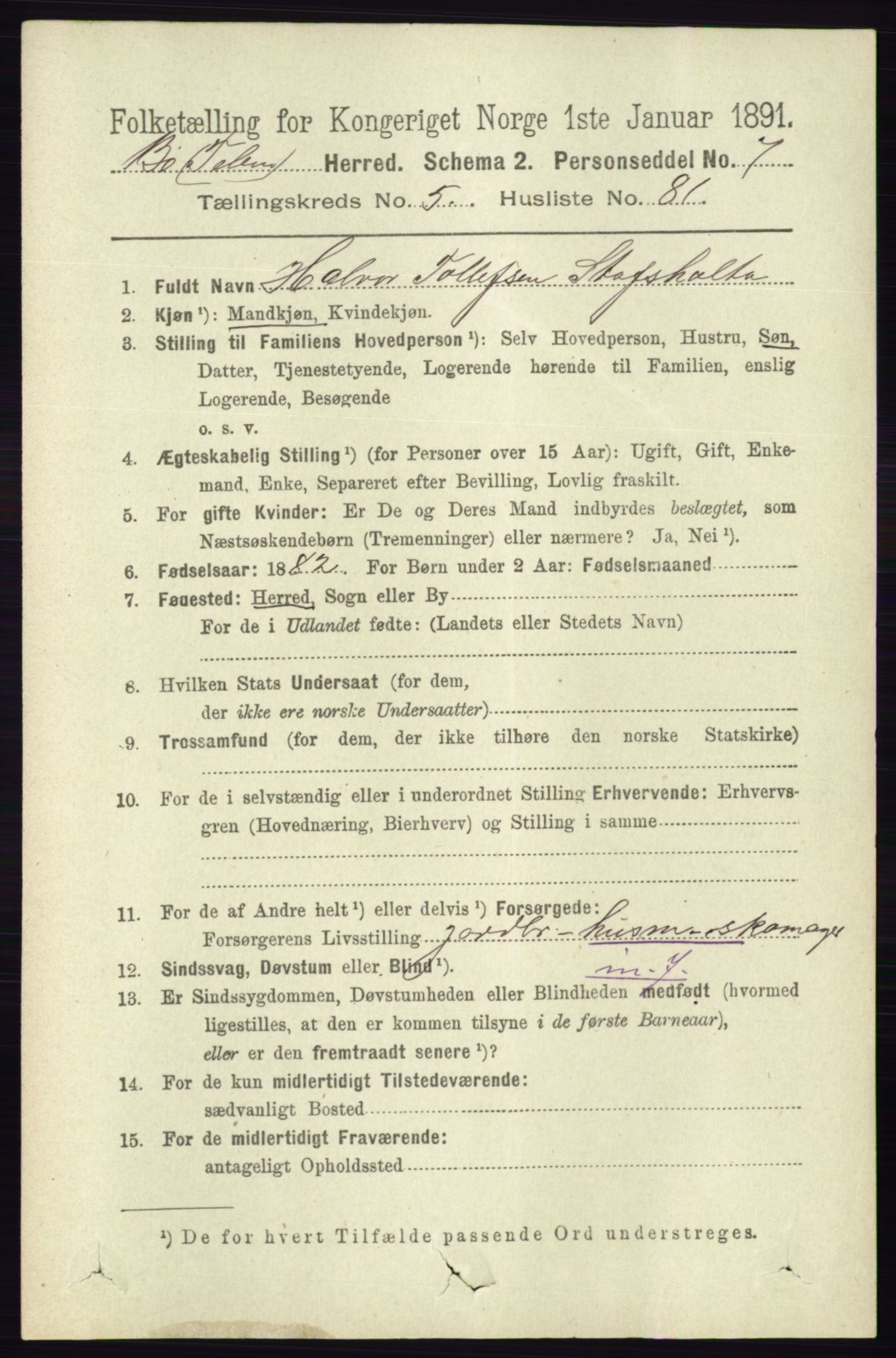 RA, 1891 census for 0821 Bø, 1891, p. 1833