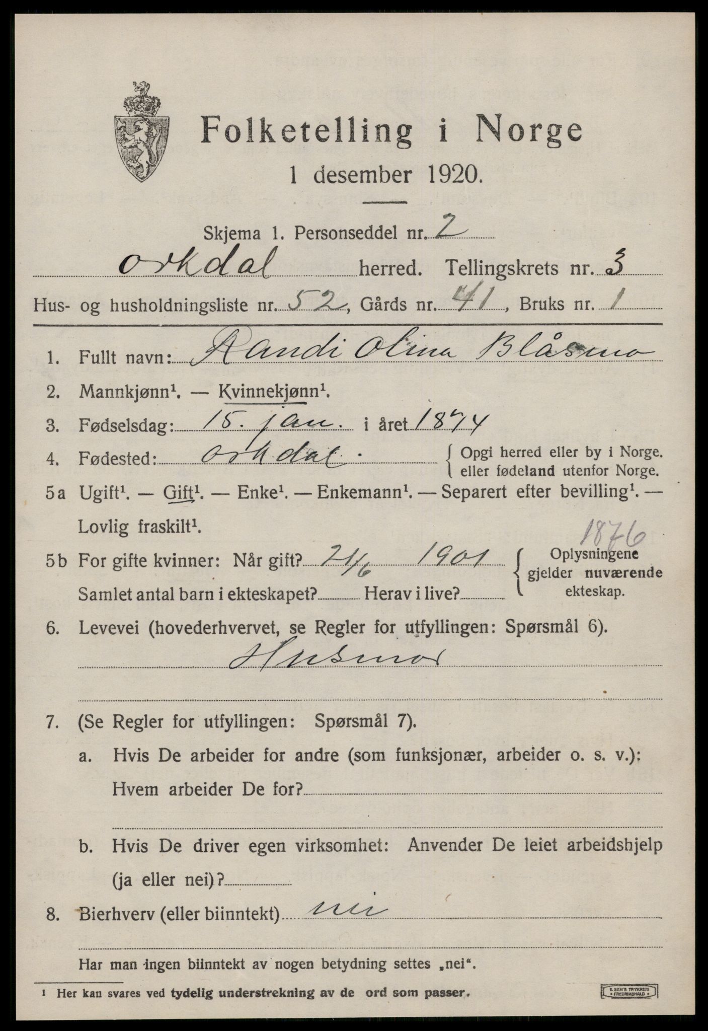 SAT, 1920 census for Orkdal, 1920, p. 3714