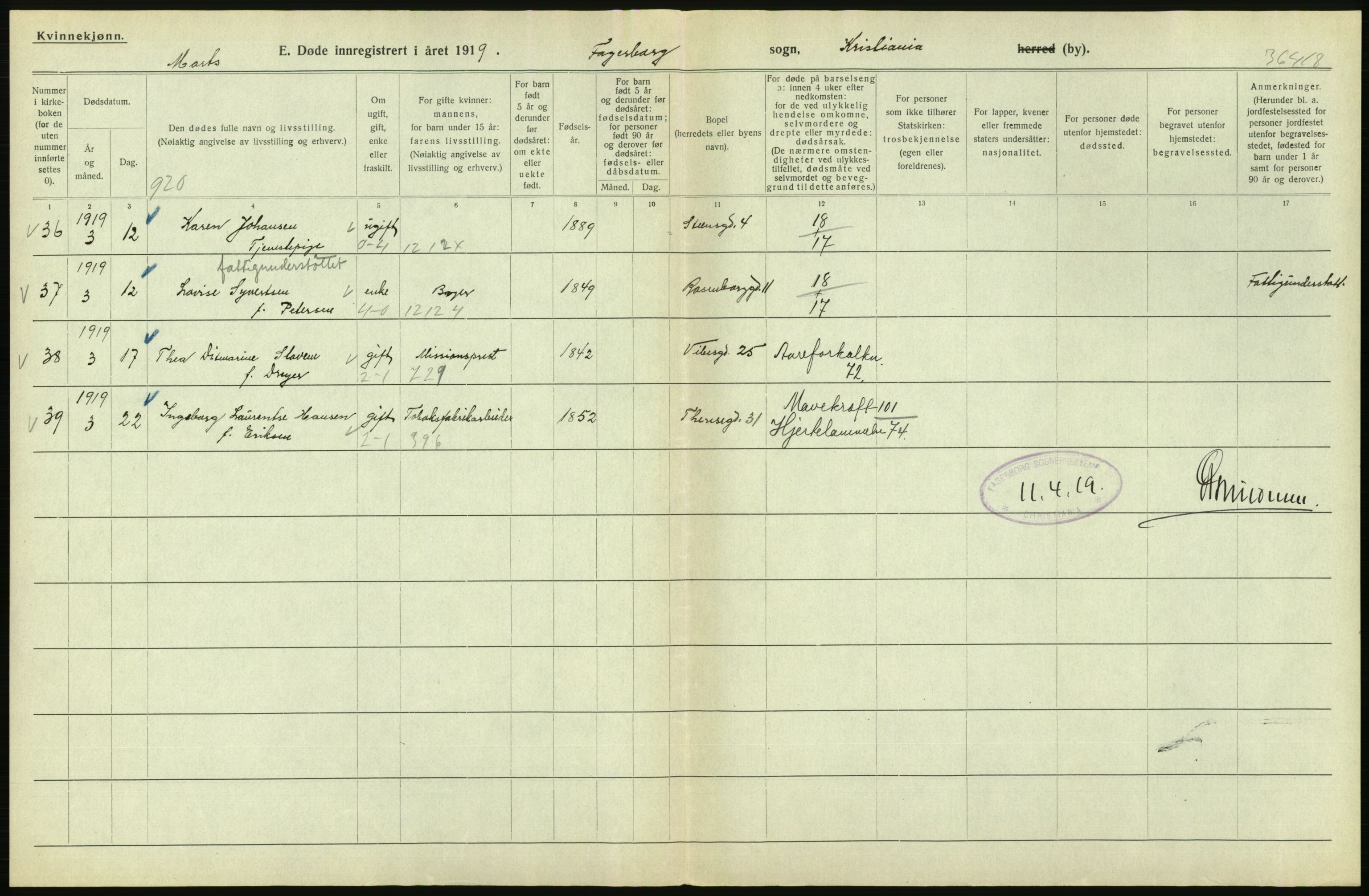 Statistisk sentralbyrå, Sosiodemografiske emner, Befolkning, AV/RA-S-2228/D/Df/Dfb/Dfbi/L0011: Kristiania: Døde, dødfødte, 1919