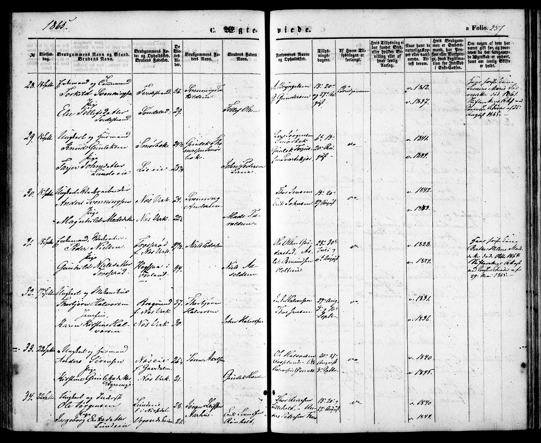 Holt sokneprestkontor, AV/SAK-1111-0021/F/Fa/L0009: Parish register (official) no. A 9, 1861-1871, p. 257