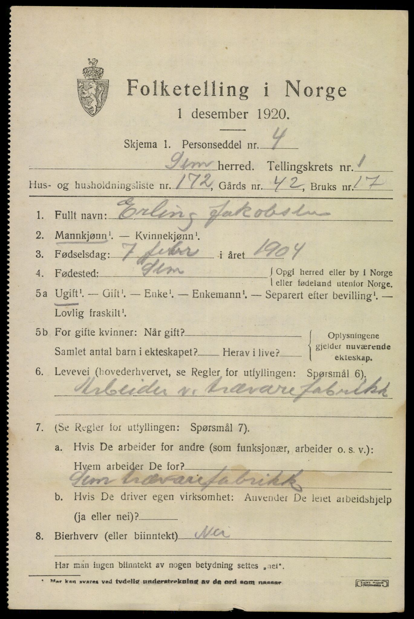 SAKO, 1920 census for Sem, 1920, p. 4999