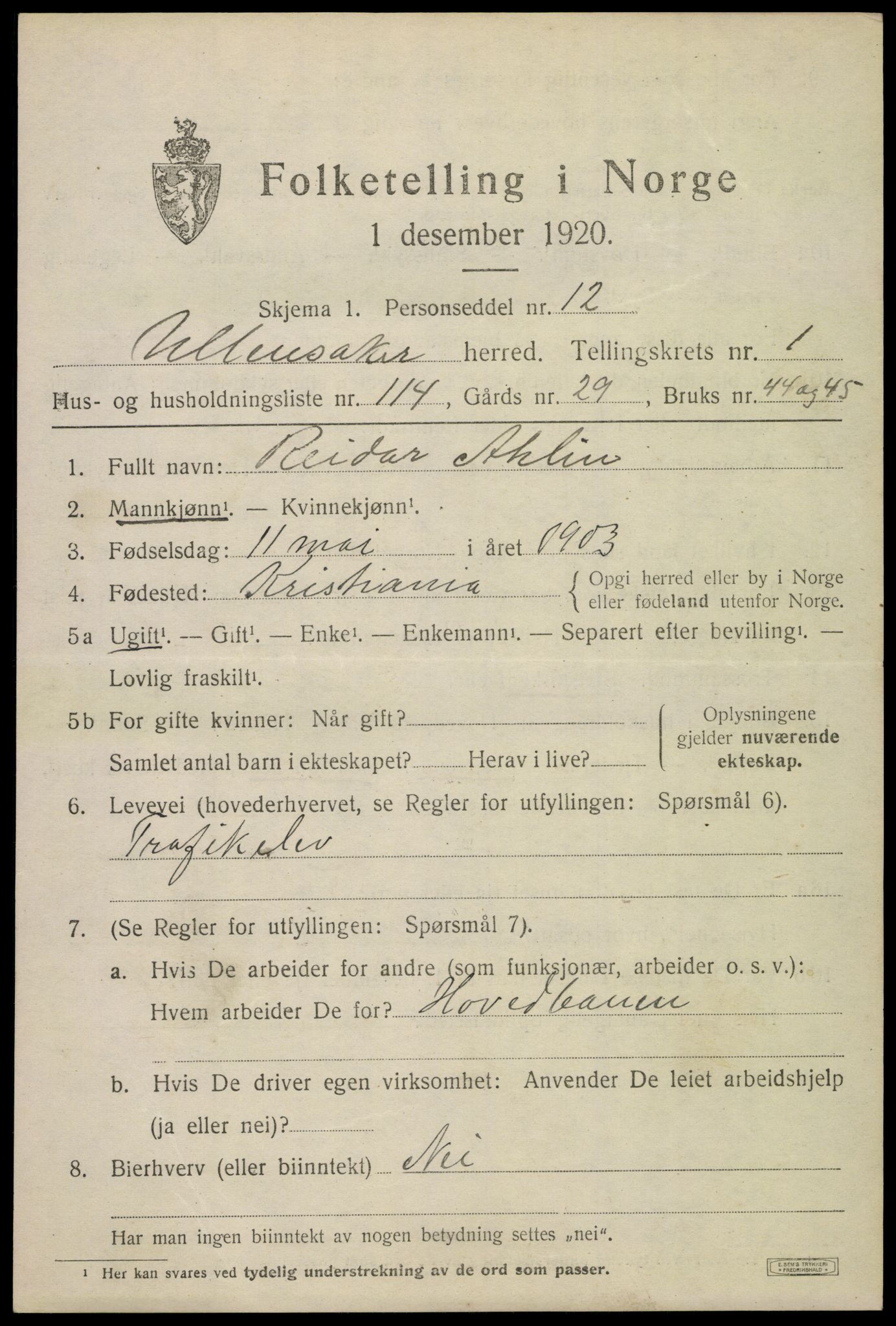 SAO, 1920 census for Ullensaker, 1920, p. 3903