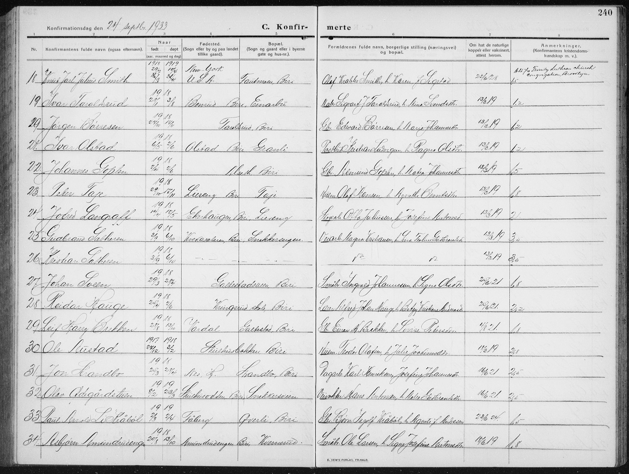 Biri prestekontor, AV/SAH-PREST-096/H/Ha/Hab/L0006: Parish register (copy) no. 6, 1909-1938, p. 240