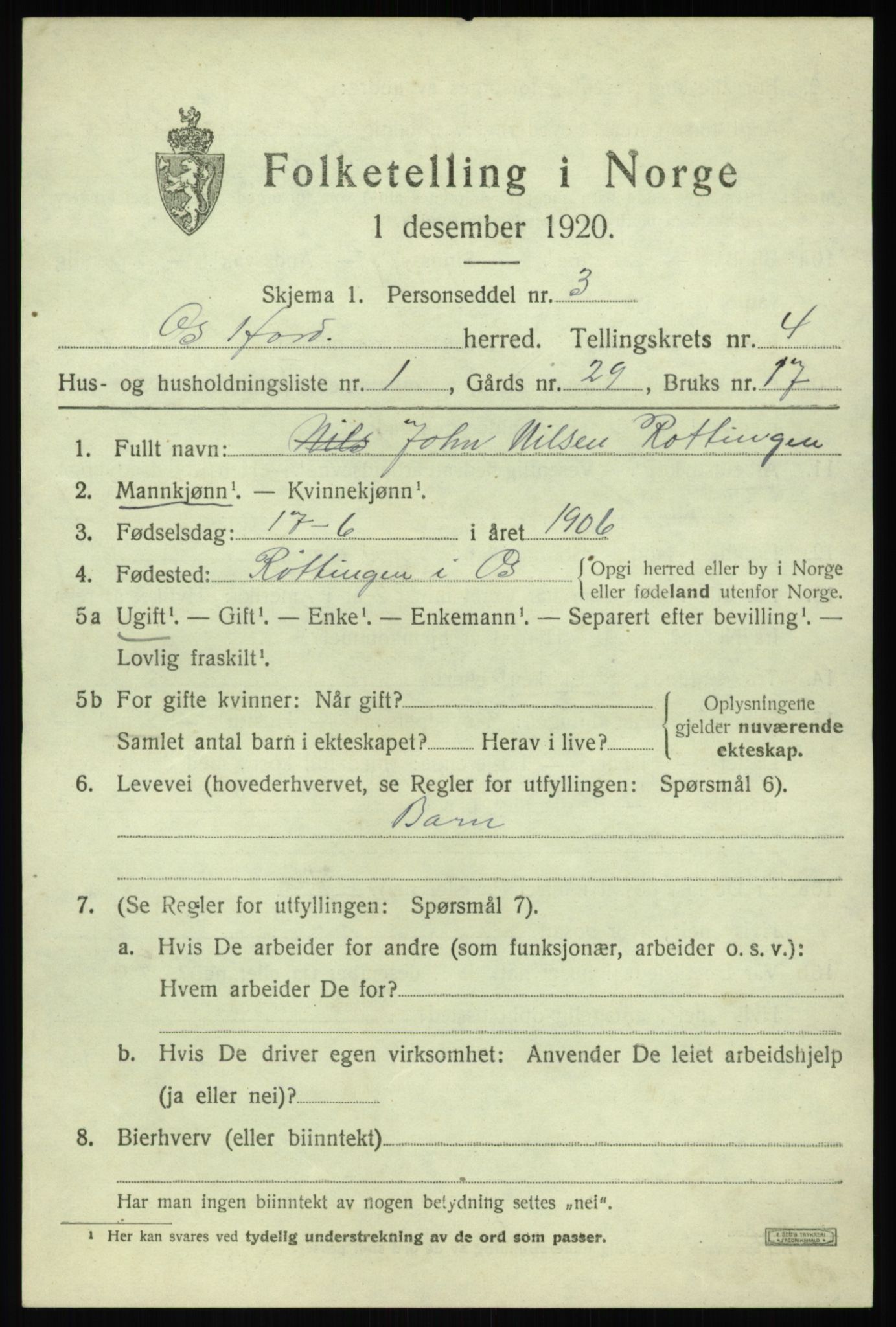 SAB, 1920 census for Os, 1920, p. 2954