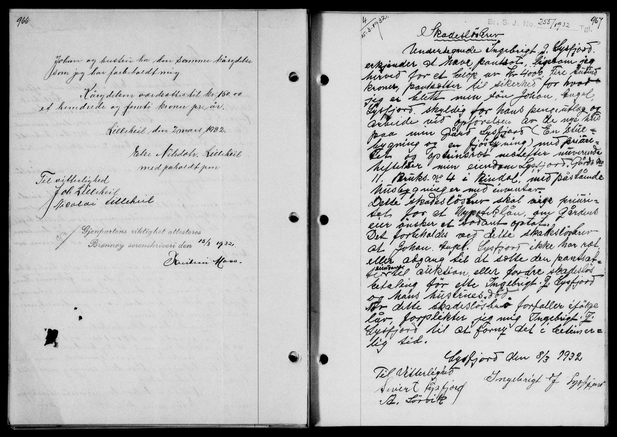 Brønnøy sorenskriveri, SAT/A-4170/1/2/2C/L0009: Mortgage book no. 9, 1931-1932, p. 966-967, Deed date: 15.03.1932