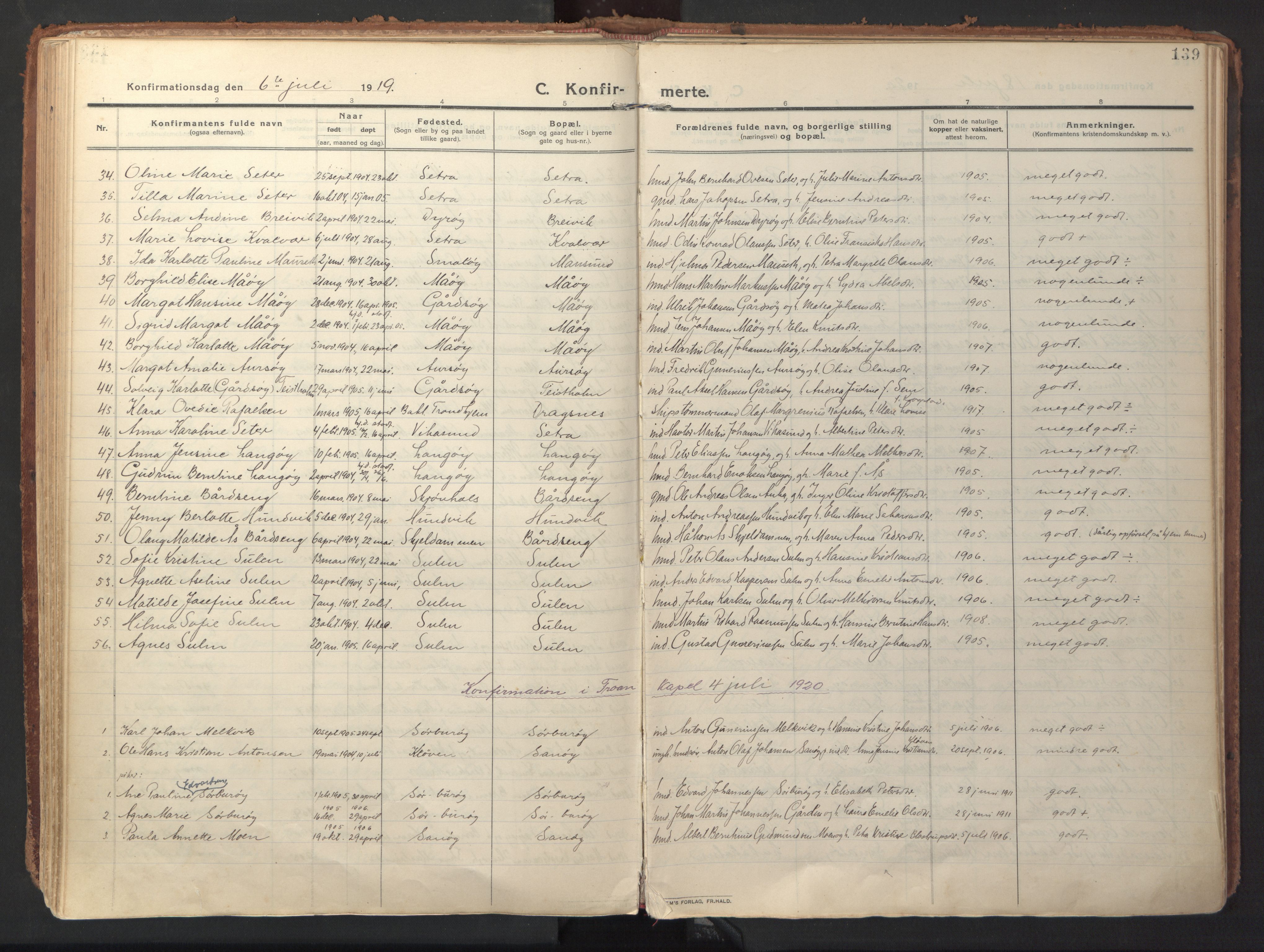 Ministerialprotokoller, klokkerbøker og fødselsregistre - Sør-Trøndelag, SAT/A-1456/640/L0581: Parish register (official) no. 640A06, 1910-1924, p. 139