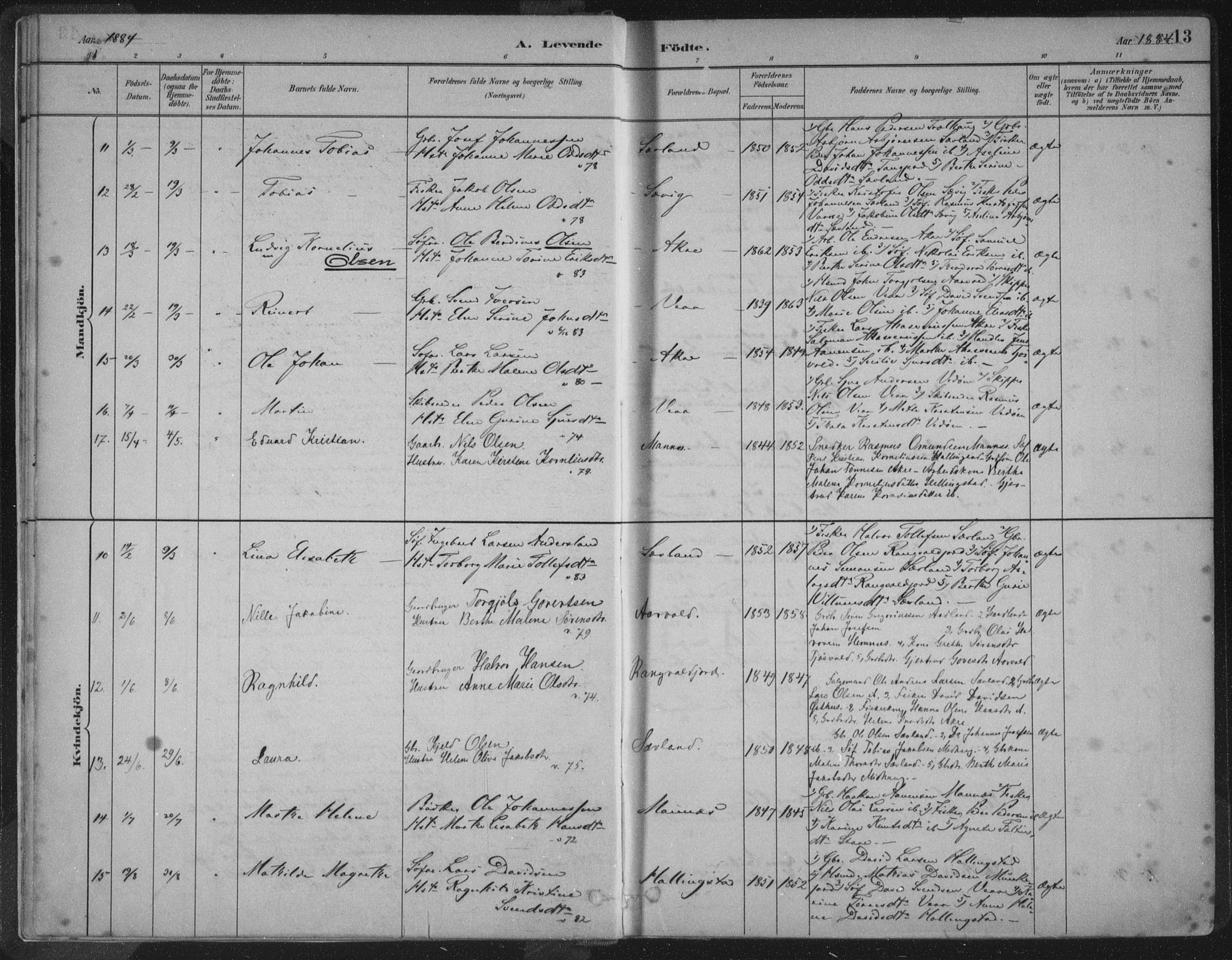 Kopervik sokneprestkontor, AV/SAST-A-101850/H/Ha/Haa/L0004: Parish register (official) no. A 4, 1882-1905, p. 13