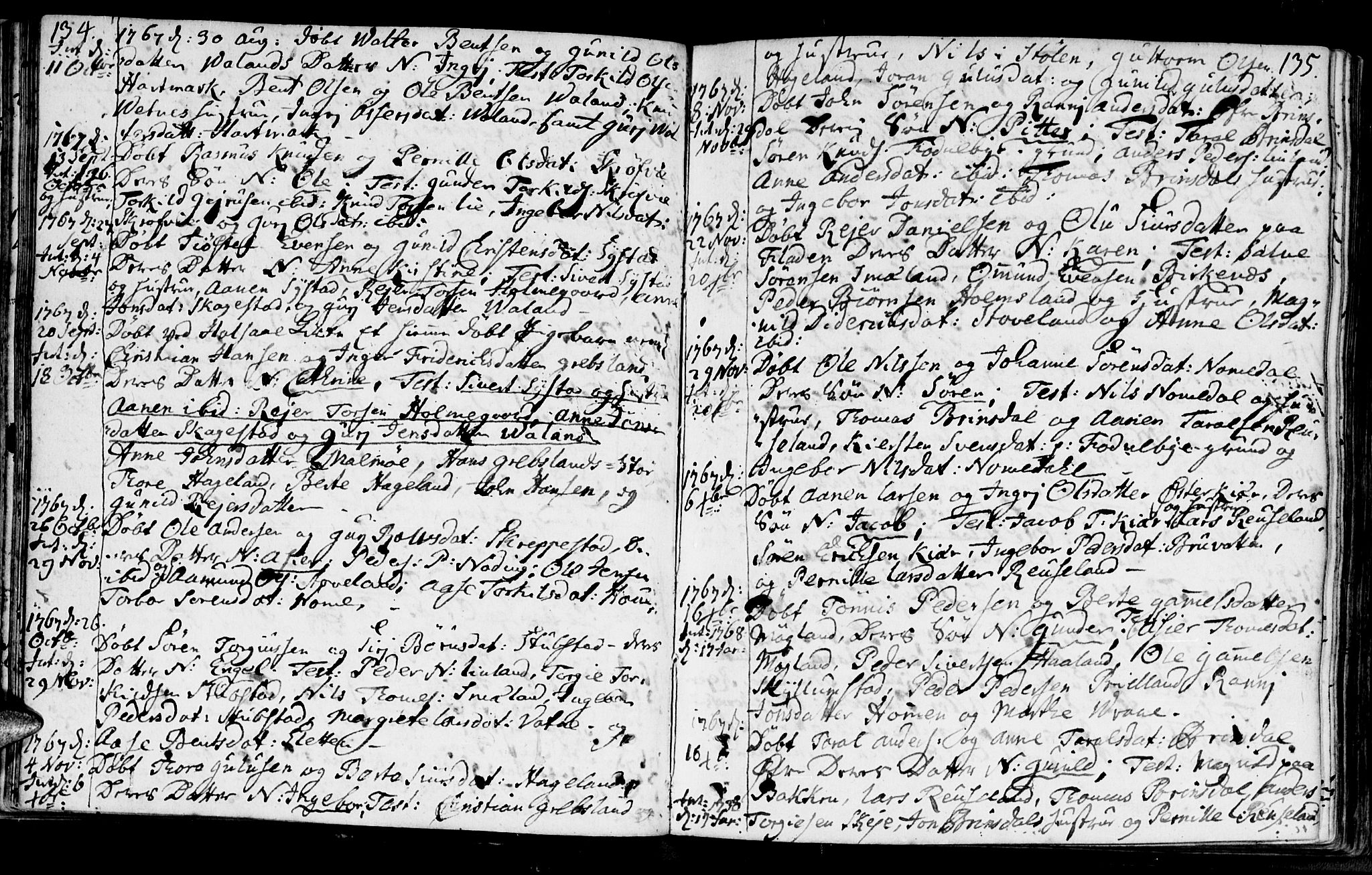 Holum sokneprestkontor, AV/SAK-1111-0022/F/Fa/Faa/L0002: Parish register (official) no. A 2, 1756-1780, p. 134-135