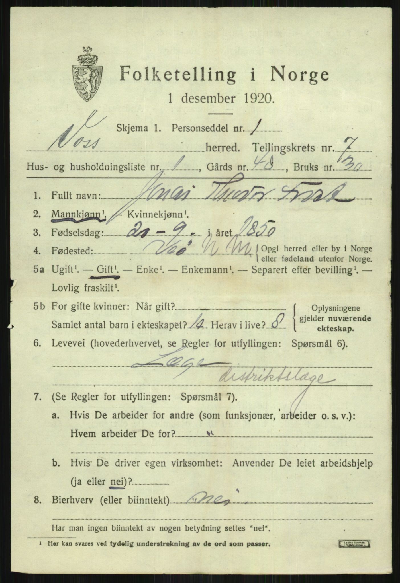 SAB, 1920 census for Voss, 1920, p. 6553
