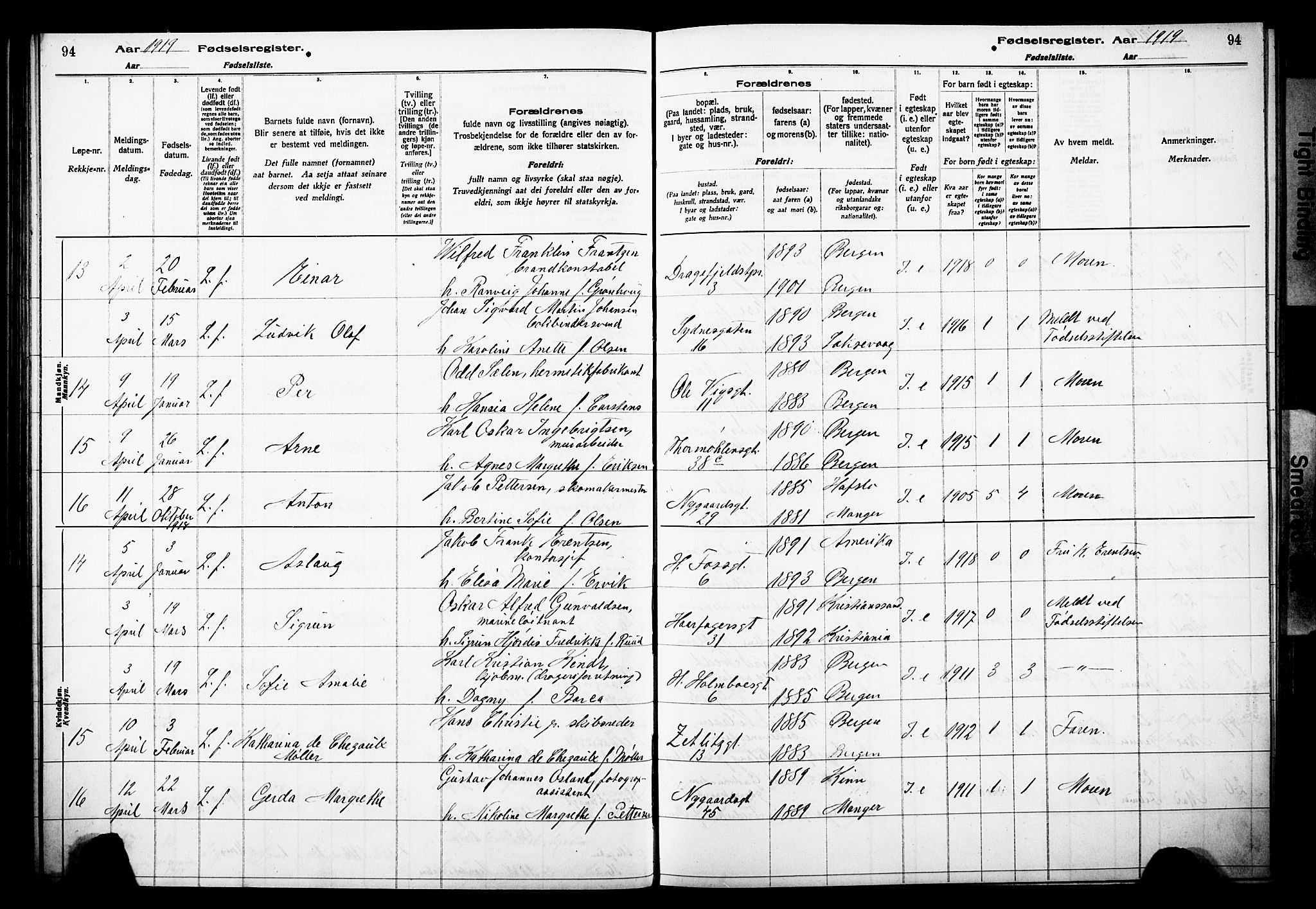 Johanneskirken sokneprestembete, AV/SAB-A-76001/I/Id/L00A1: Birth register no. A 1, 1916-1924, p. 94