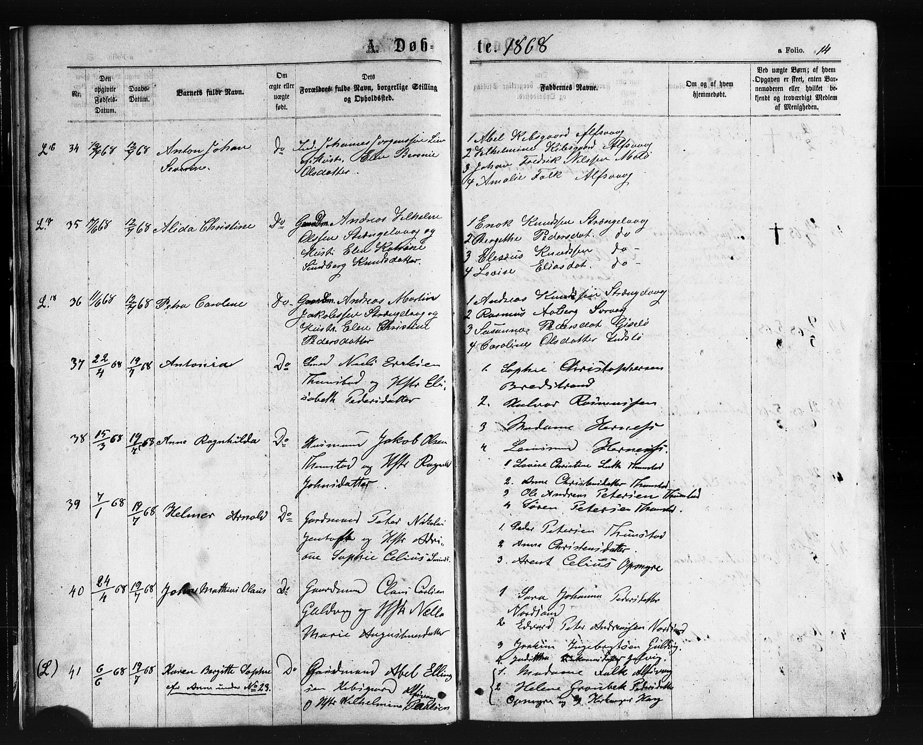 Ministerialprotokoller, klokkerbøker og fødselsregistre - Nordland, SAT/A-1459/893/L1334: Parish register (official) no. 893A07, 1867-1877, p. 14