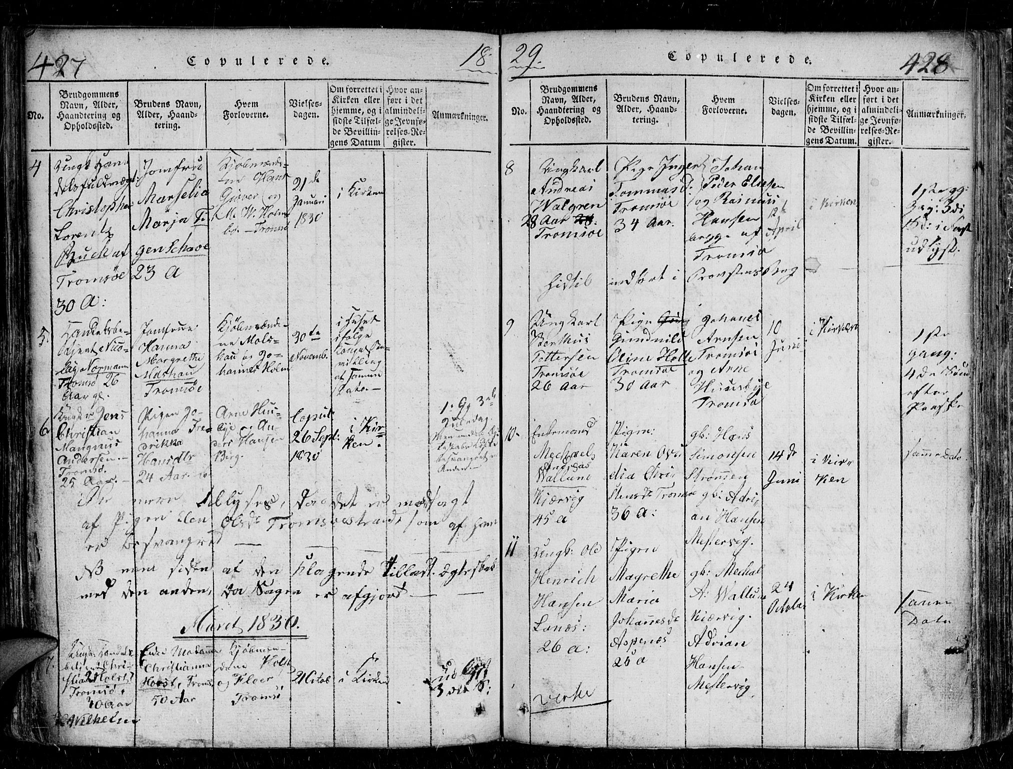 Tromsø sokneprestkontor/stiftsprosti/domprosti, SATØ/S-1343/G/Gb/L0001klokker: Parish register (copy) no. 1, 1821-1833, p. 427-428