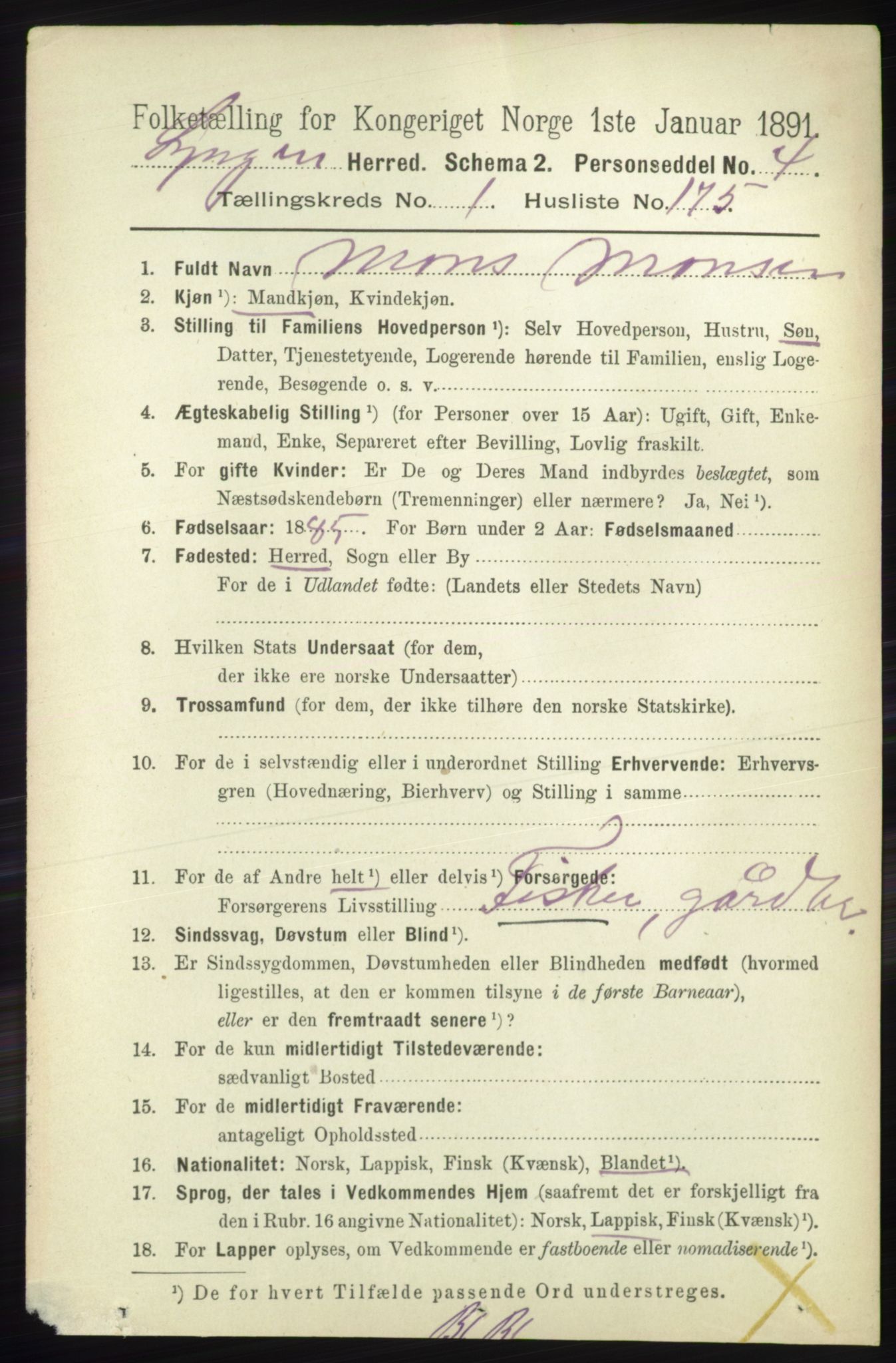 RA, 1891 census for 1938 Lyngen, 1891, p. 1434