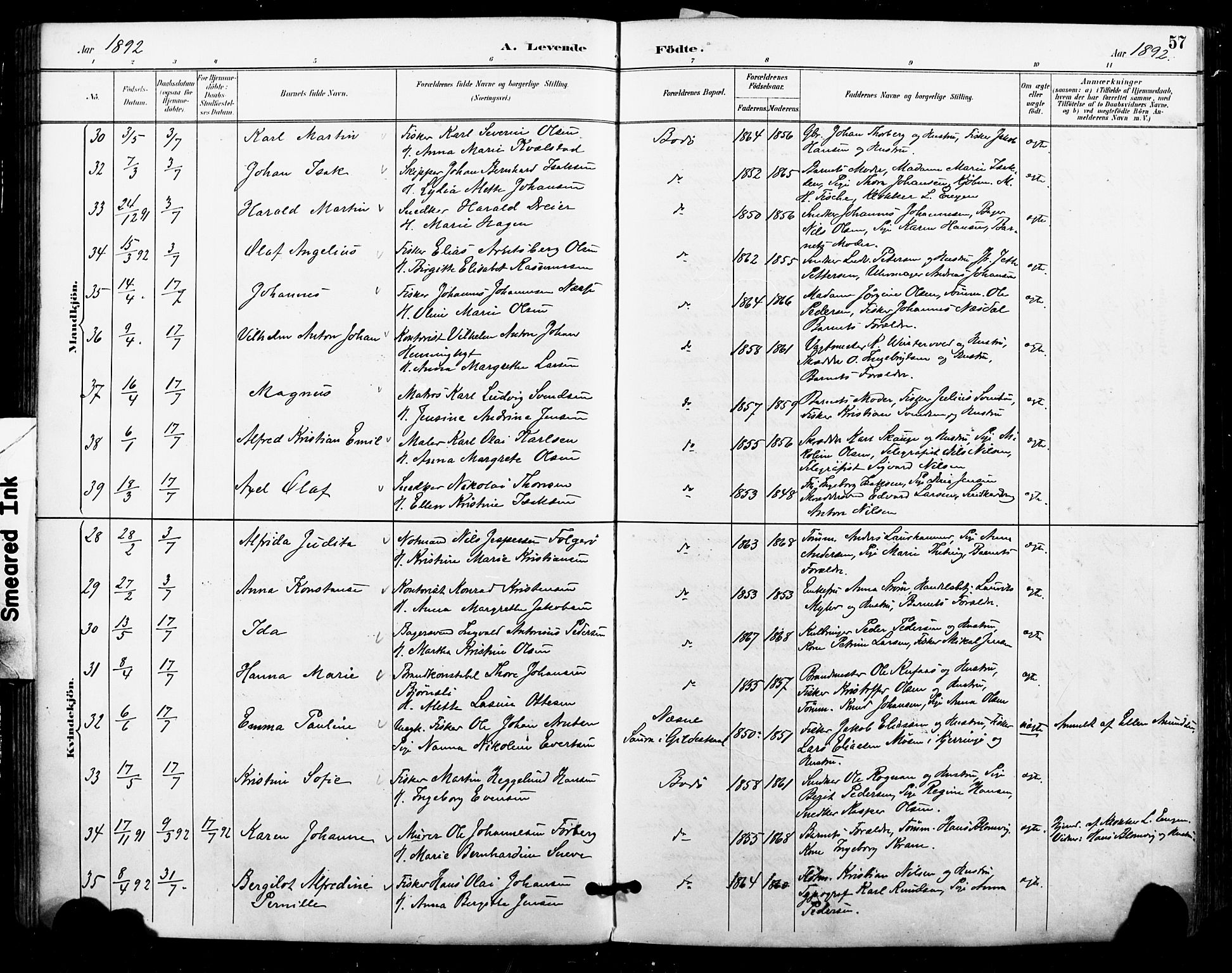 Ministerialprotokoller, klokkerbøker og fødselsregistre - Nordland, SAT/A-1459/801/L0010: Parish register (official) no. 801A10, 1888-1899, p. 57