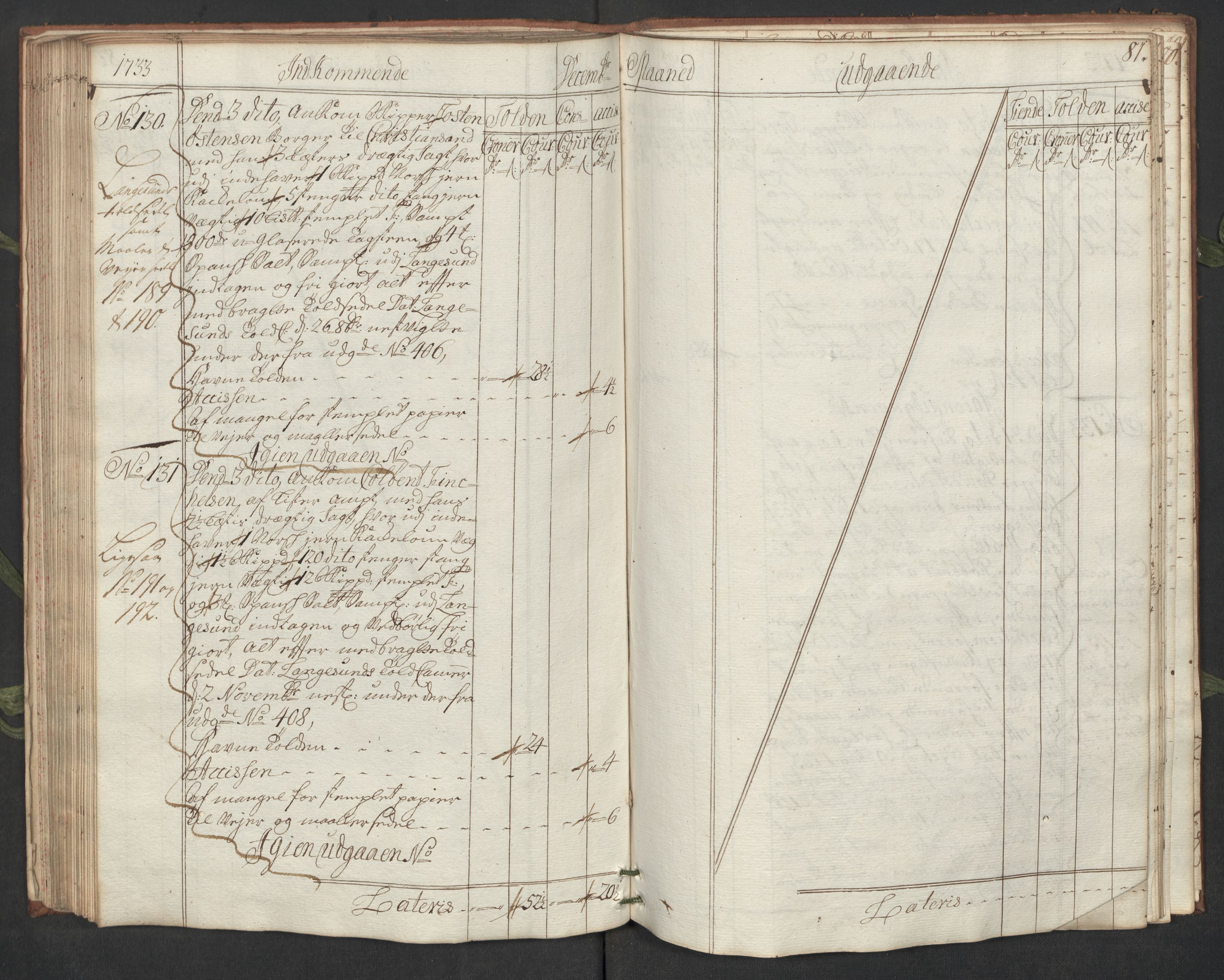 Generaltollkammeret, tollregnskaper, AV/RA-EA-5490/R19/L0007/0001: Tollregnskaper Flekkefjord / Hovedtollbok, 1733, p. 80b-81a