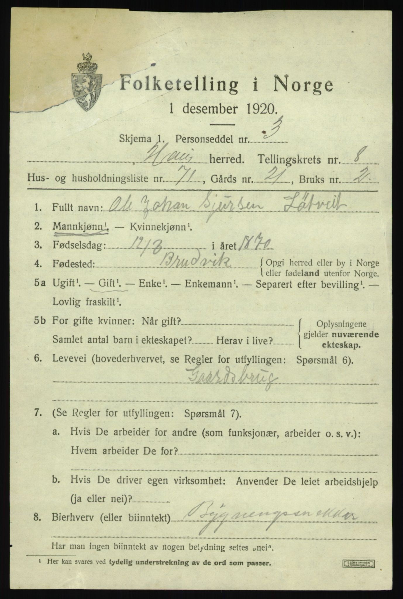 SAB, 1920 census for Haus, 1920, p. 5459