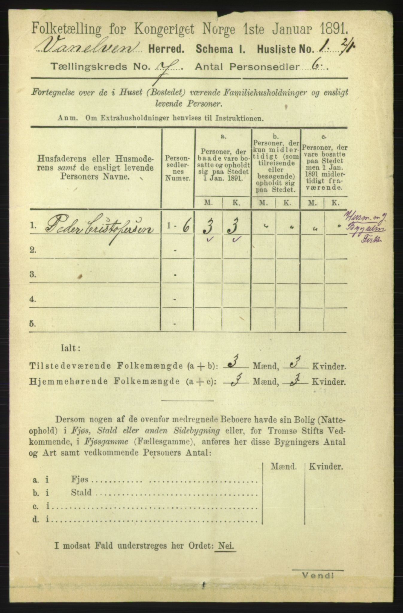 RA, 1891 census for 1511 Vanylven, 1891, p. 3095