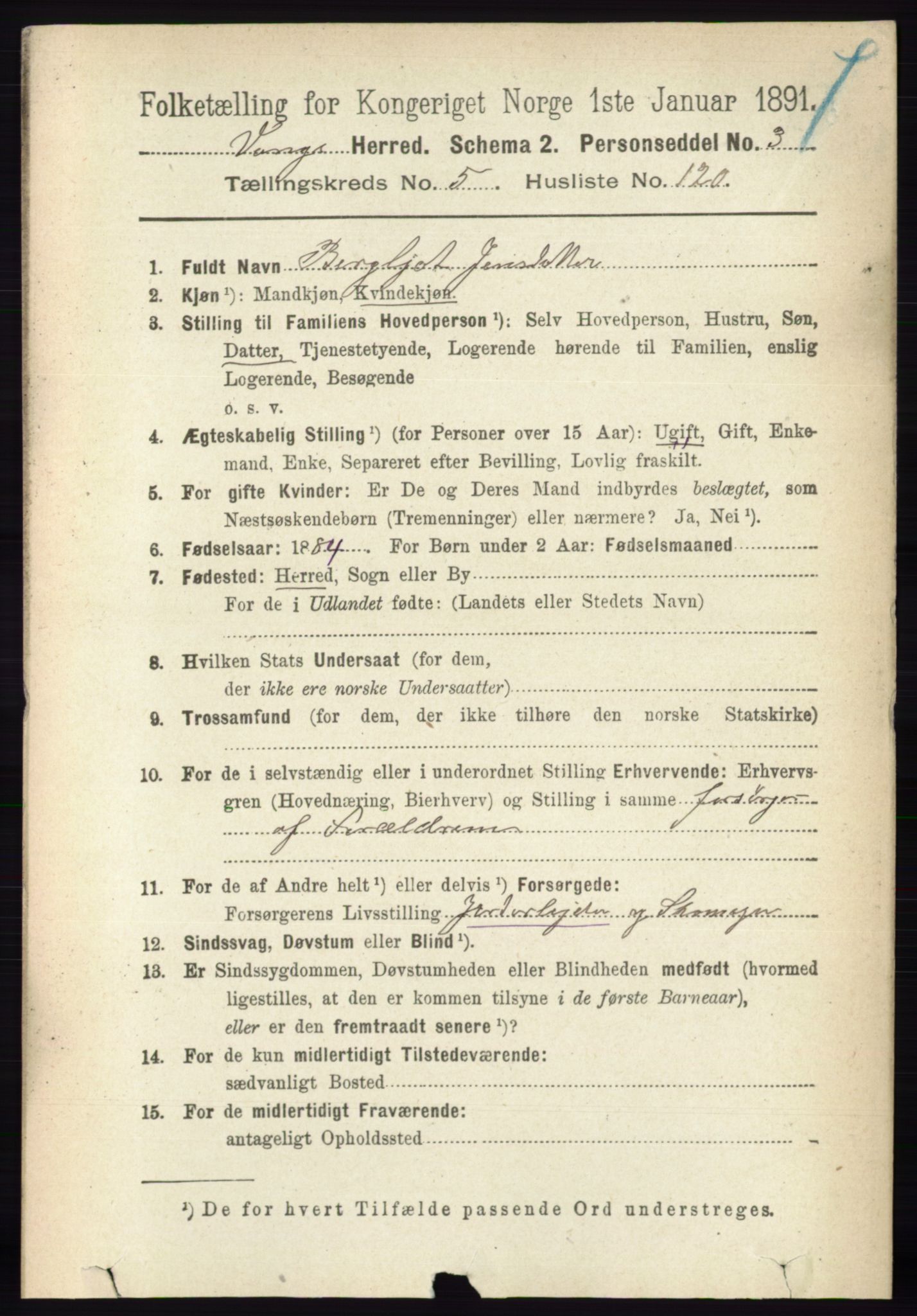 RA, 1891 census for 0414 Vang, 1891, p. 4153