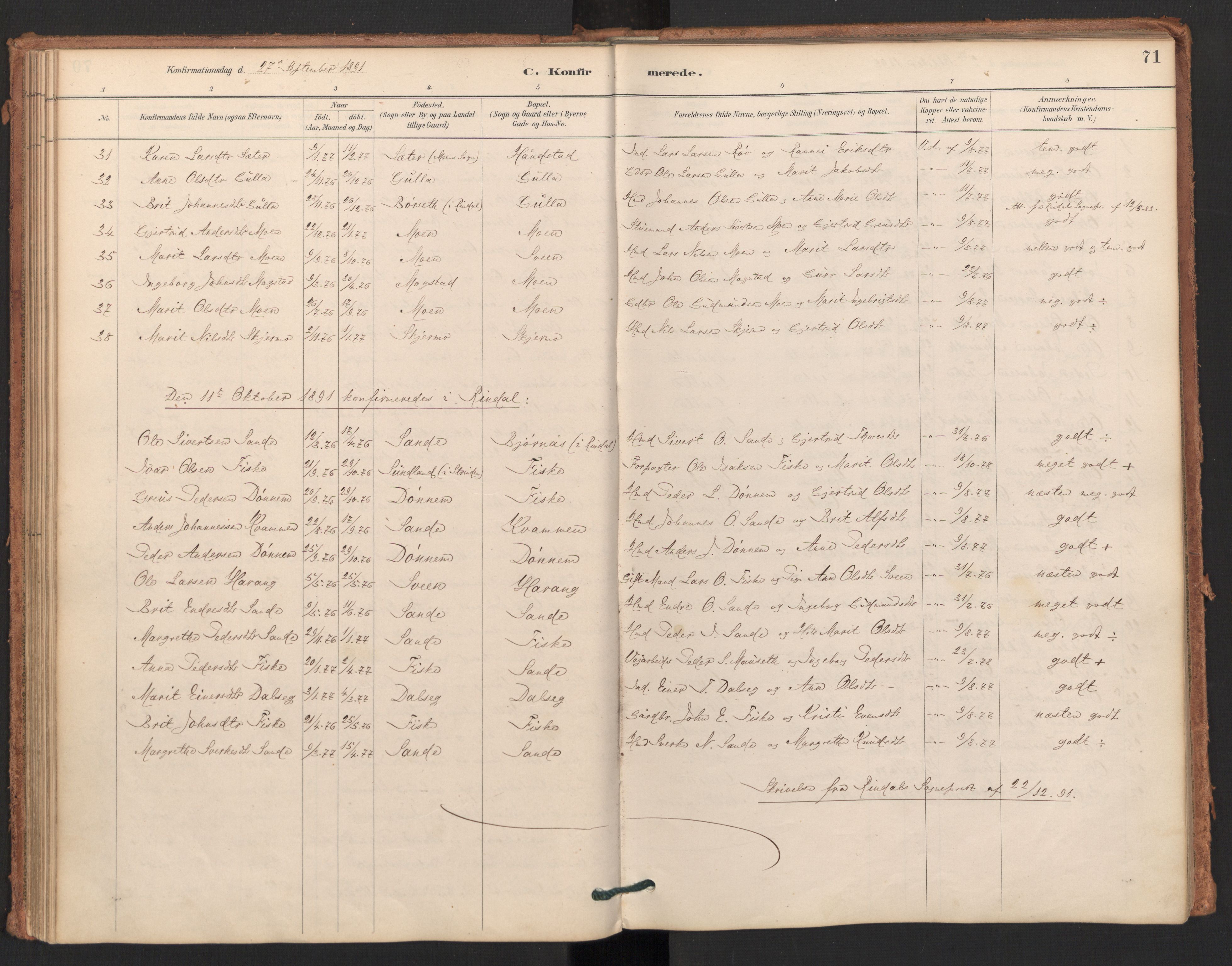 Ministerialprotokoller, klokkerbøker og fødselsregistre - Møre og Romsdal, AV/SAT-A-1454/596/L1056: Parish register (official) no. 596A01, 1885-1900, p. 71