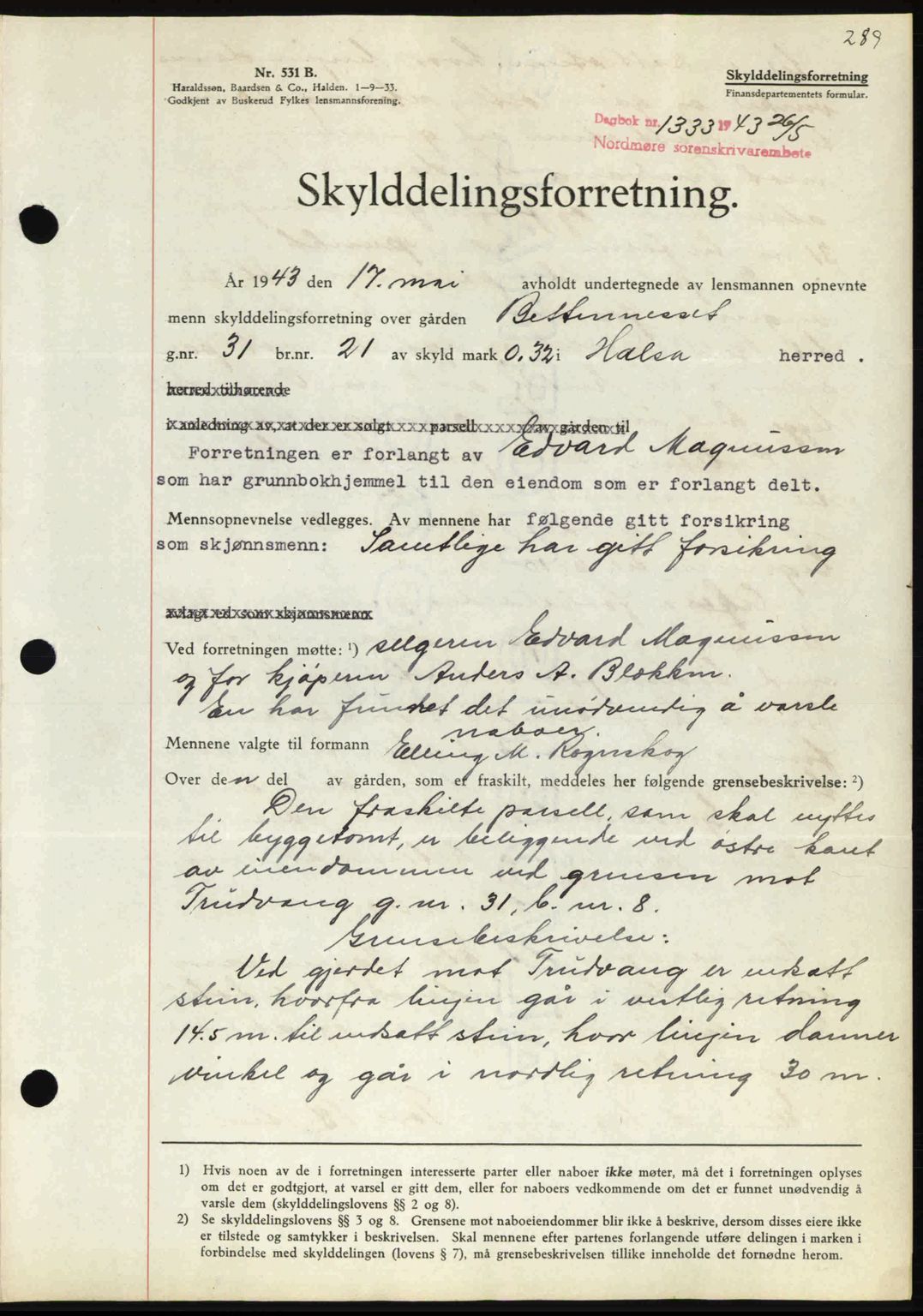 Nordmøre sorenskriveri, AV/SAT-A-4132/1/2/2Ca: Mortgage book no. A95, 1943-1943, Diary no: : 1333/1943