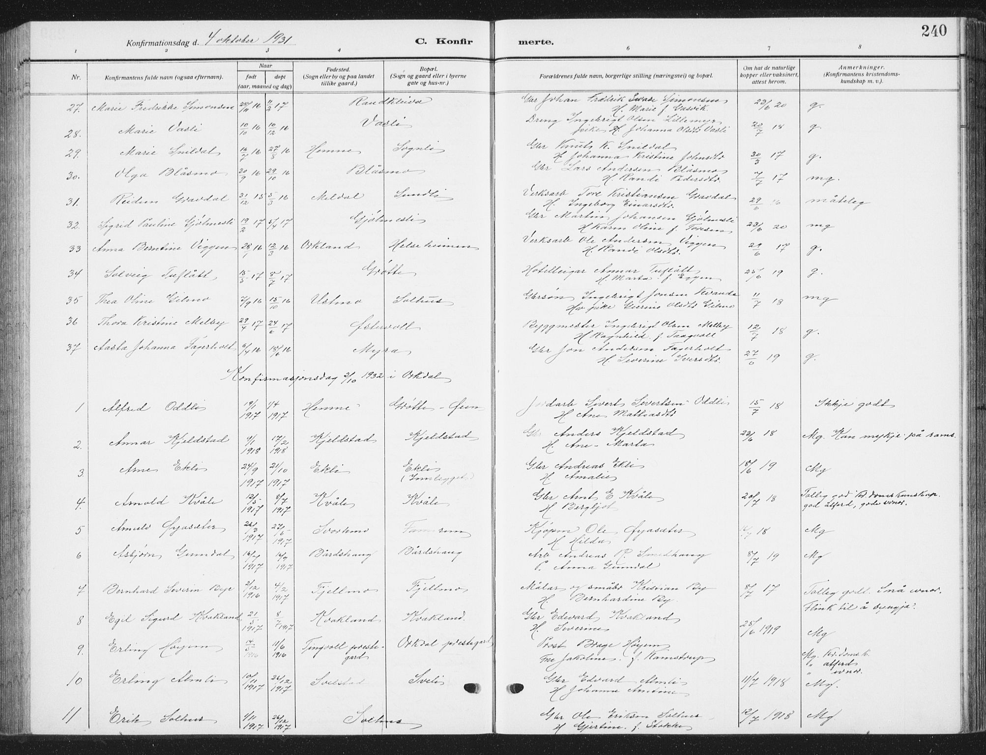 Ministerialprotokoller, klokkerbøker og fødselsregistre - Sør-Trøndelag, SAT/A-1456/668/L0820: Parish register (copy) no. 668C09, 1912-1936, p. 240