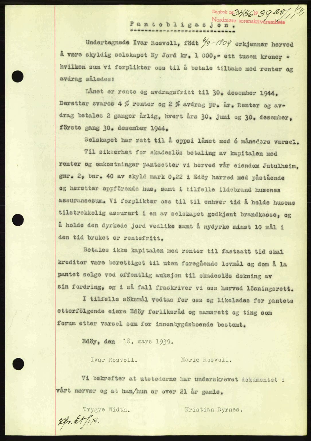 Nordmøre sorenskriveri, AV/SAT-A-4132/1/2/2Ca: Mortgage book no. B86, 1939-1940, Diary no: : 3486/1939