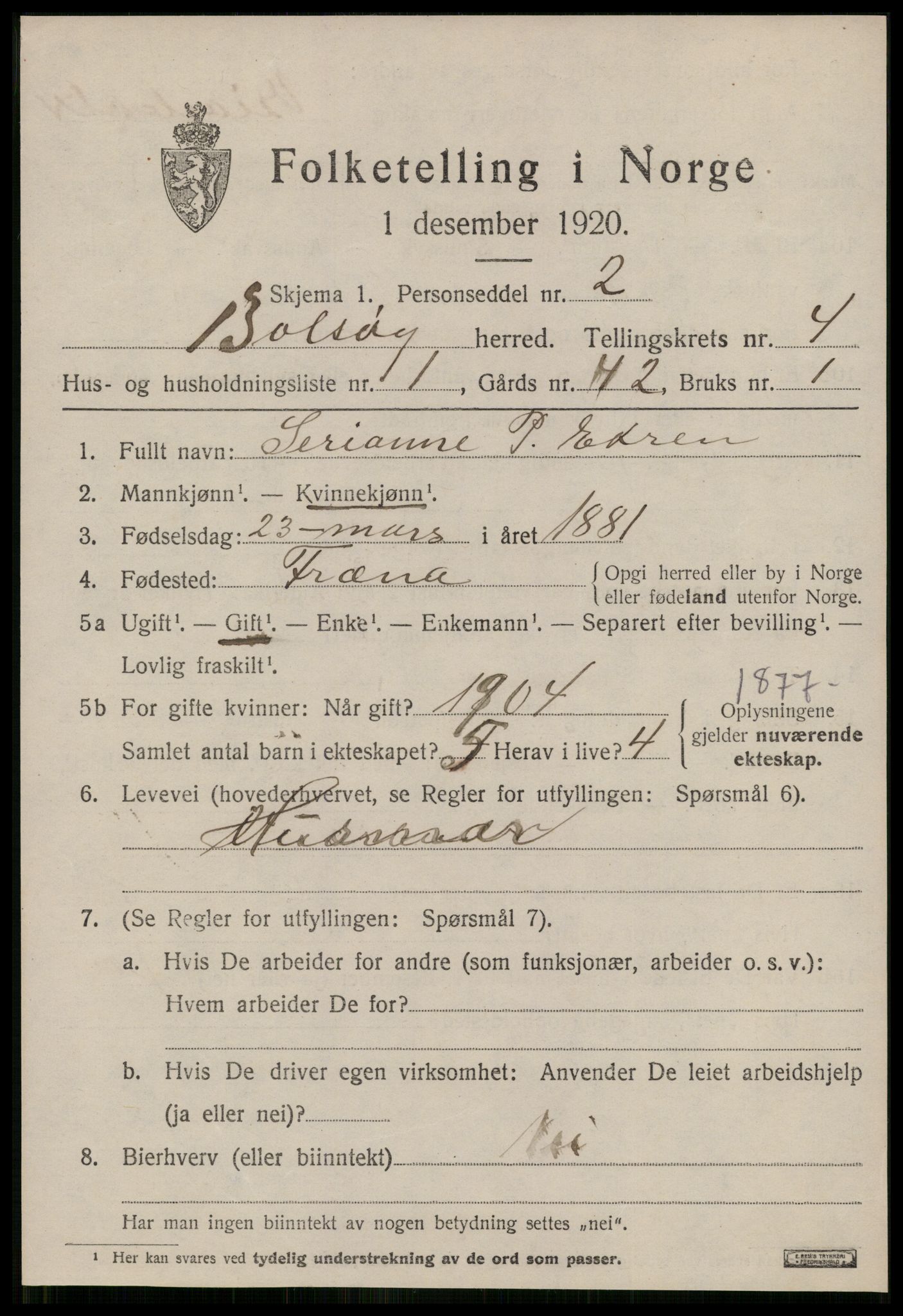 SAT, 1920 census for Bolsøy, 1920, p. 6557