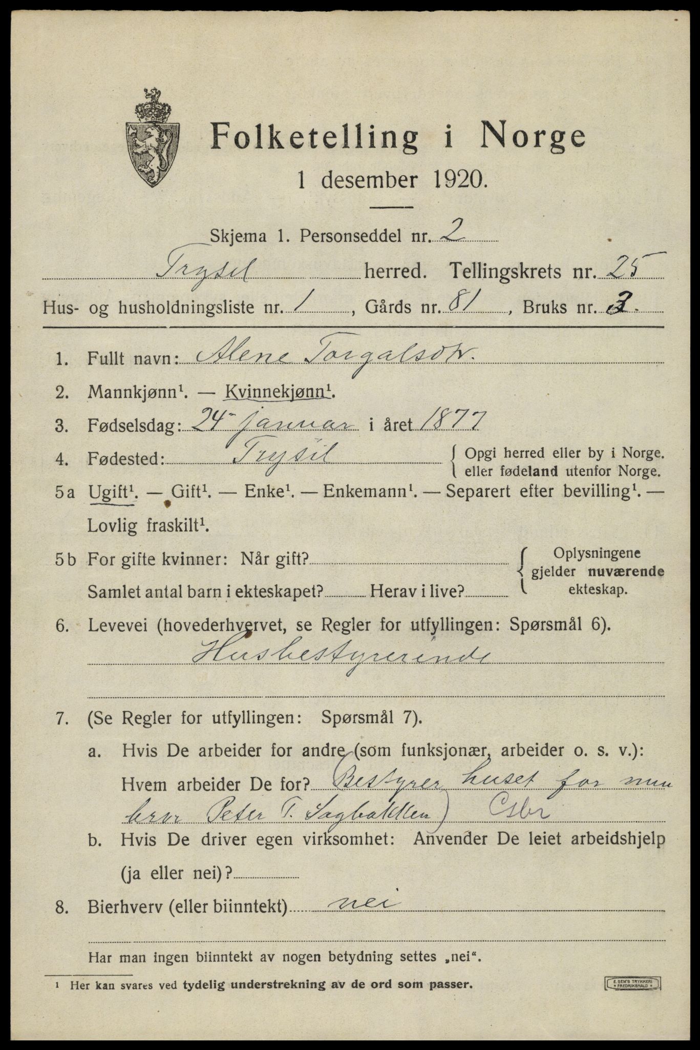 SAH, 1920 census for Trysil, 1920, p. 15693