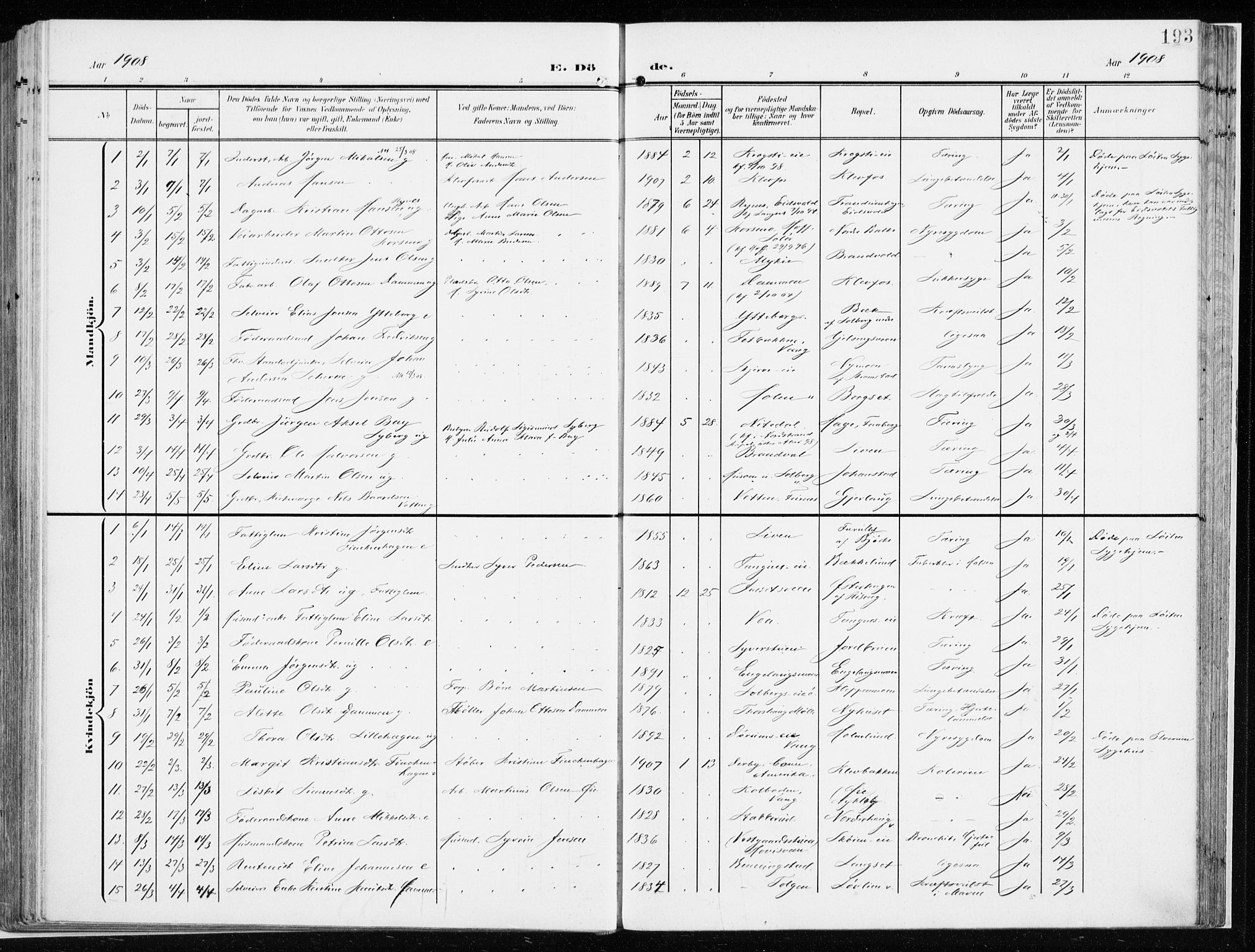 Løten prestekontor, SAH/PREST-022/K/Ka/L0011: Parish register (official) no. 11, 1908-1917, p. 193