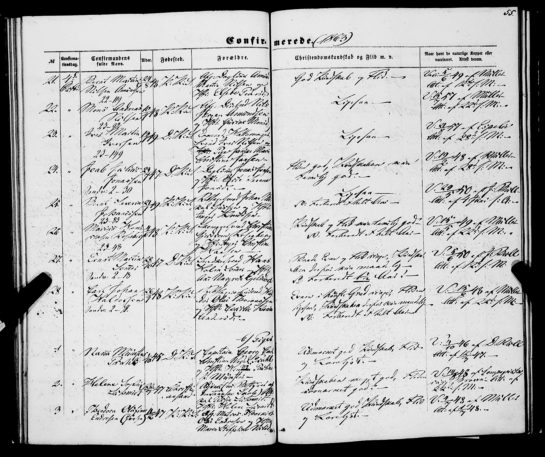 Korskirken sokneprestembete, AV/SAB-A-76101/H/Haa/L0069: Curate's parish register no. A 4, 1856-1869, p. 55