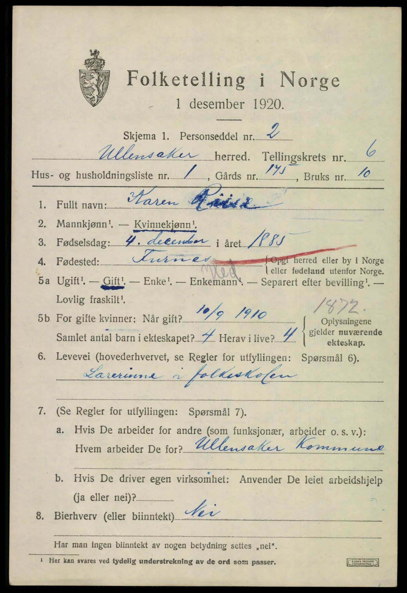 SAO, 1920 census for Ullensaker, 1920, p. 10451