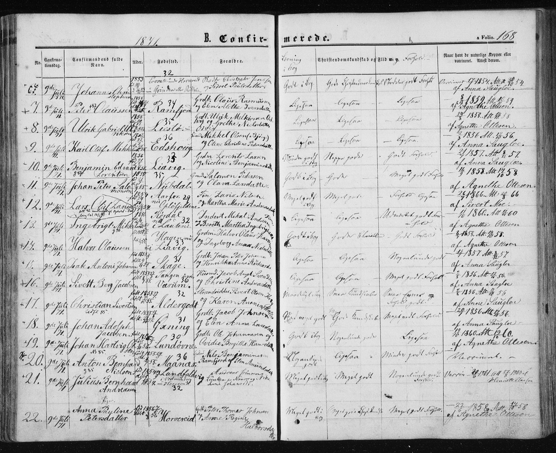 Ministerialprotokoller, klokkerbøker og fødselsregistre - Nord-Trøndelag, SAT/A-1458/780/L0641: Parish register (official) no. 780A06, 1857-1874, p. 168