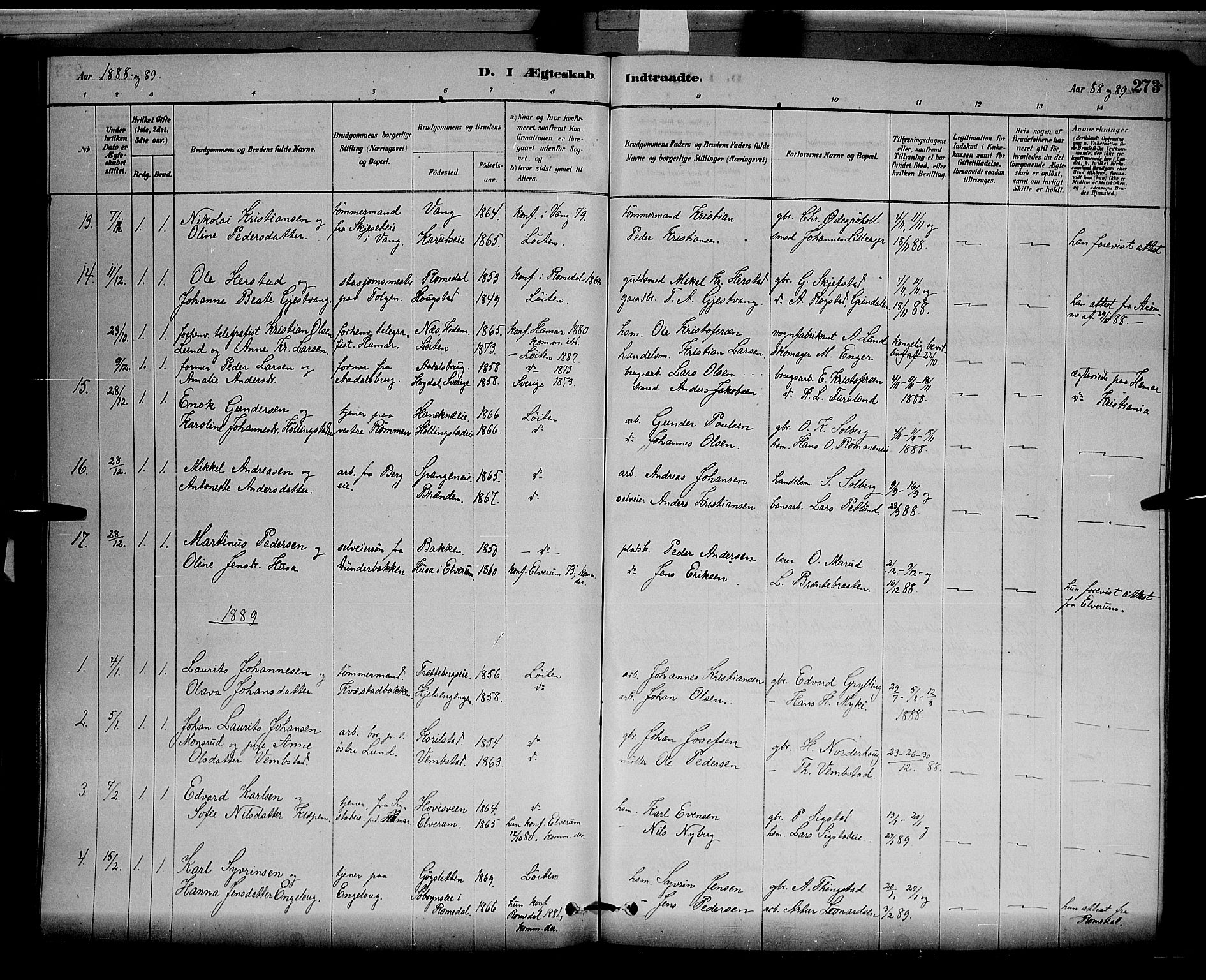 Løten prestekontor, SAH/PREST-022/L/La/L0005: Parish register (copy) no. 5, 1878-1891, p. 273