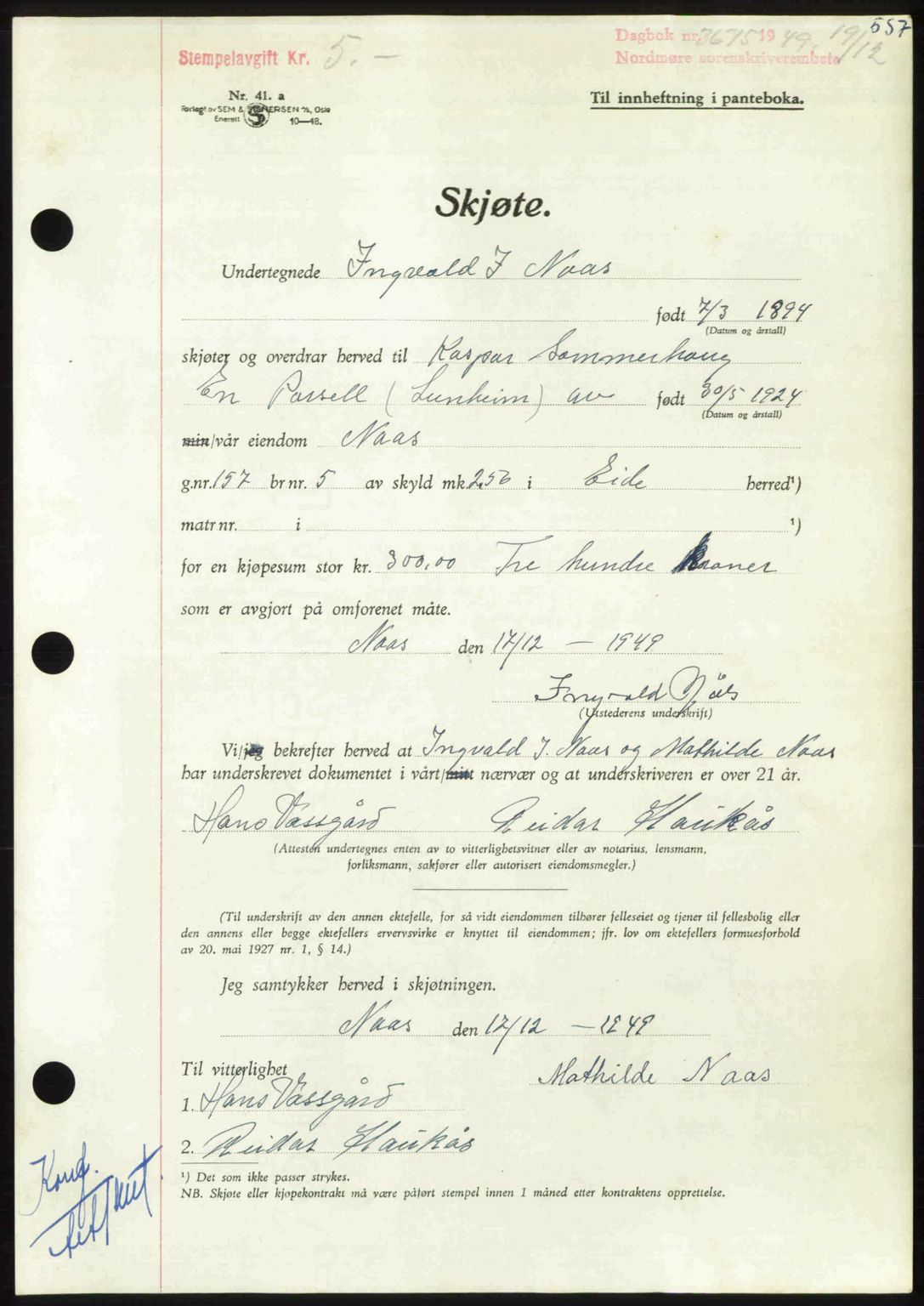 Nordmøre sorenskriveri, AV/SAT-A-4132/1/2/2Ca: Mortgage book no. A113, 1949-1950, Diary no: : 3675/1949