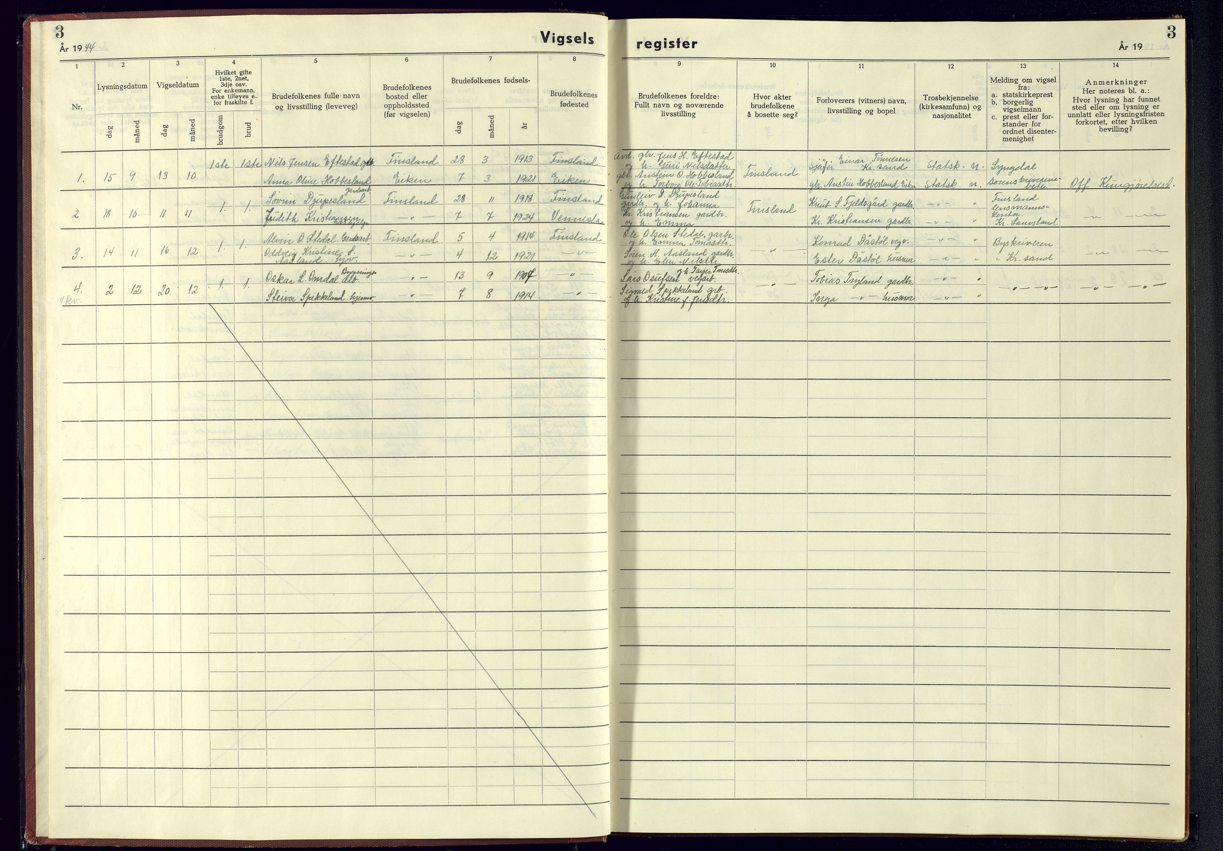 Bjelland sokneprestkontor, AV/SAK-1111-0005/J/Jb/L0009: Marriage register no. II.6.9, 1942-1956, p. 3