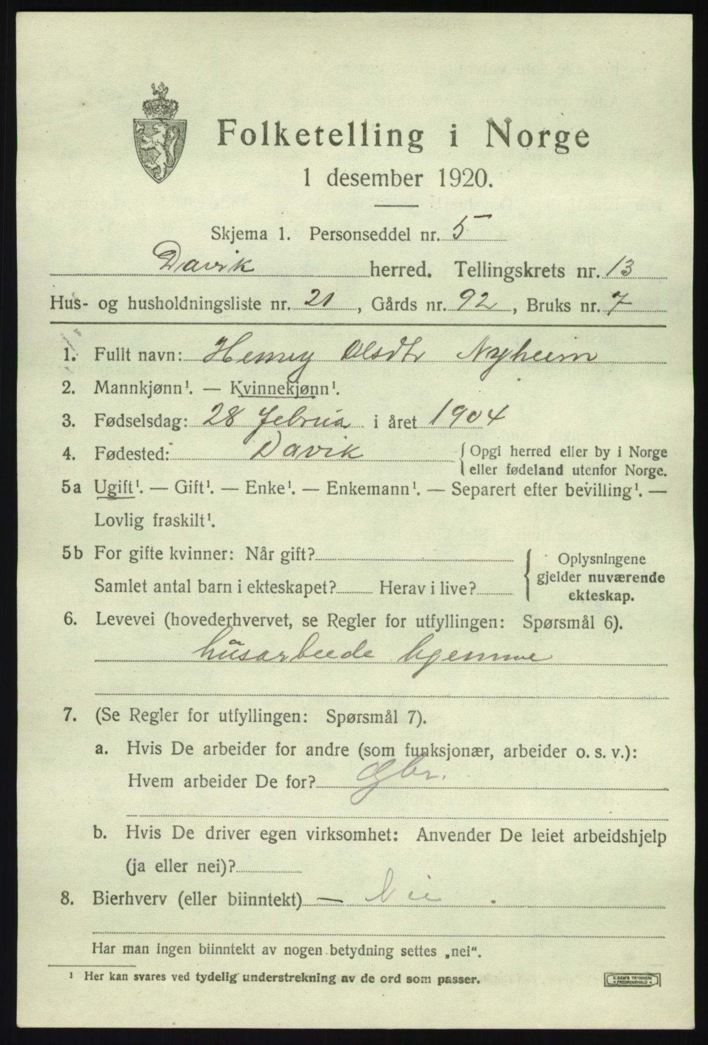 SAB, 1920 census for Davik, 1920, p. 6365