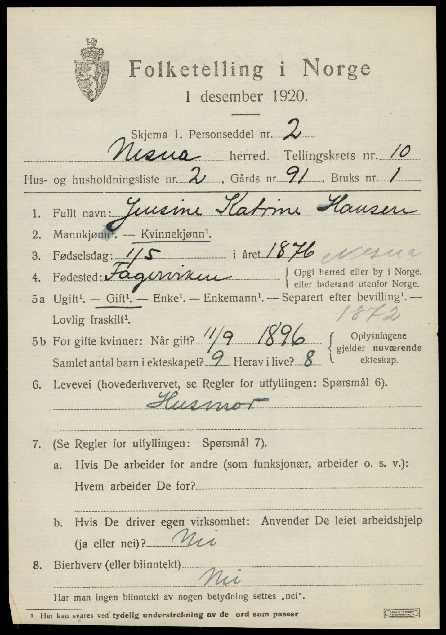 SAT, 1920 census for Nesna, 1920, p. 7945