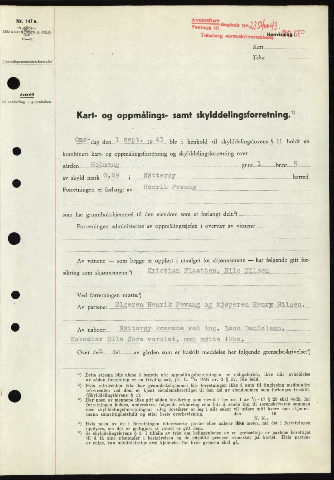 Tønsberg sorenskriveri, AV/SAKO-A-130/G/Ga/Gaa/L0014: Mortgage book no. A14, 1943-1944, Diary no: : 2354/1943