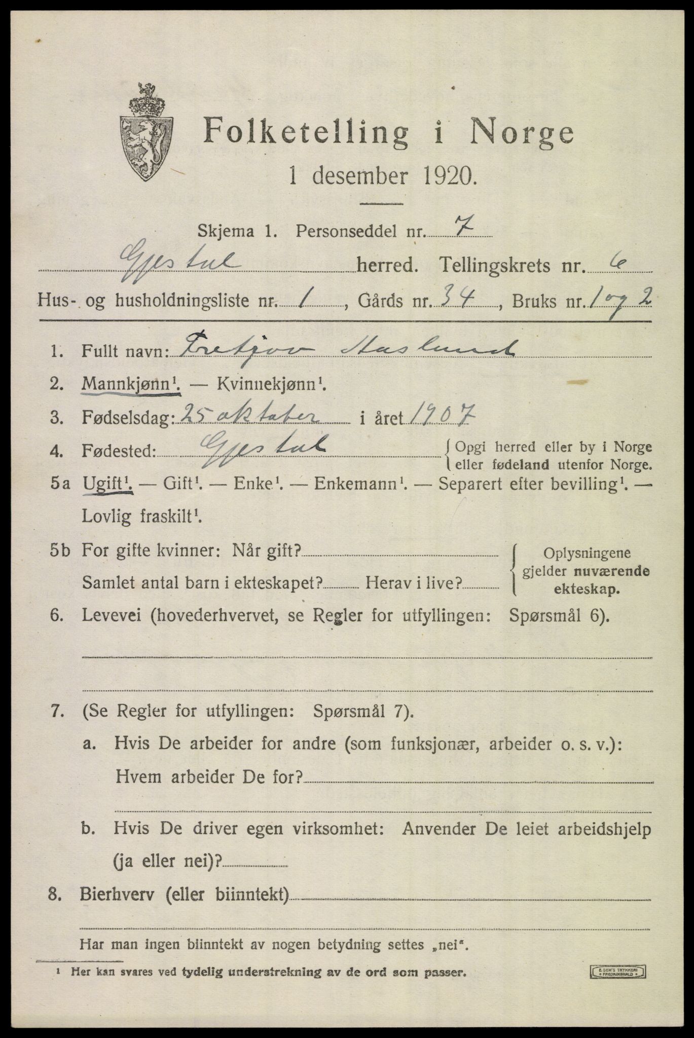 SAST, 1920 census for Gjesdal, 1920, p. 3400