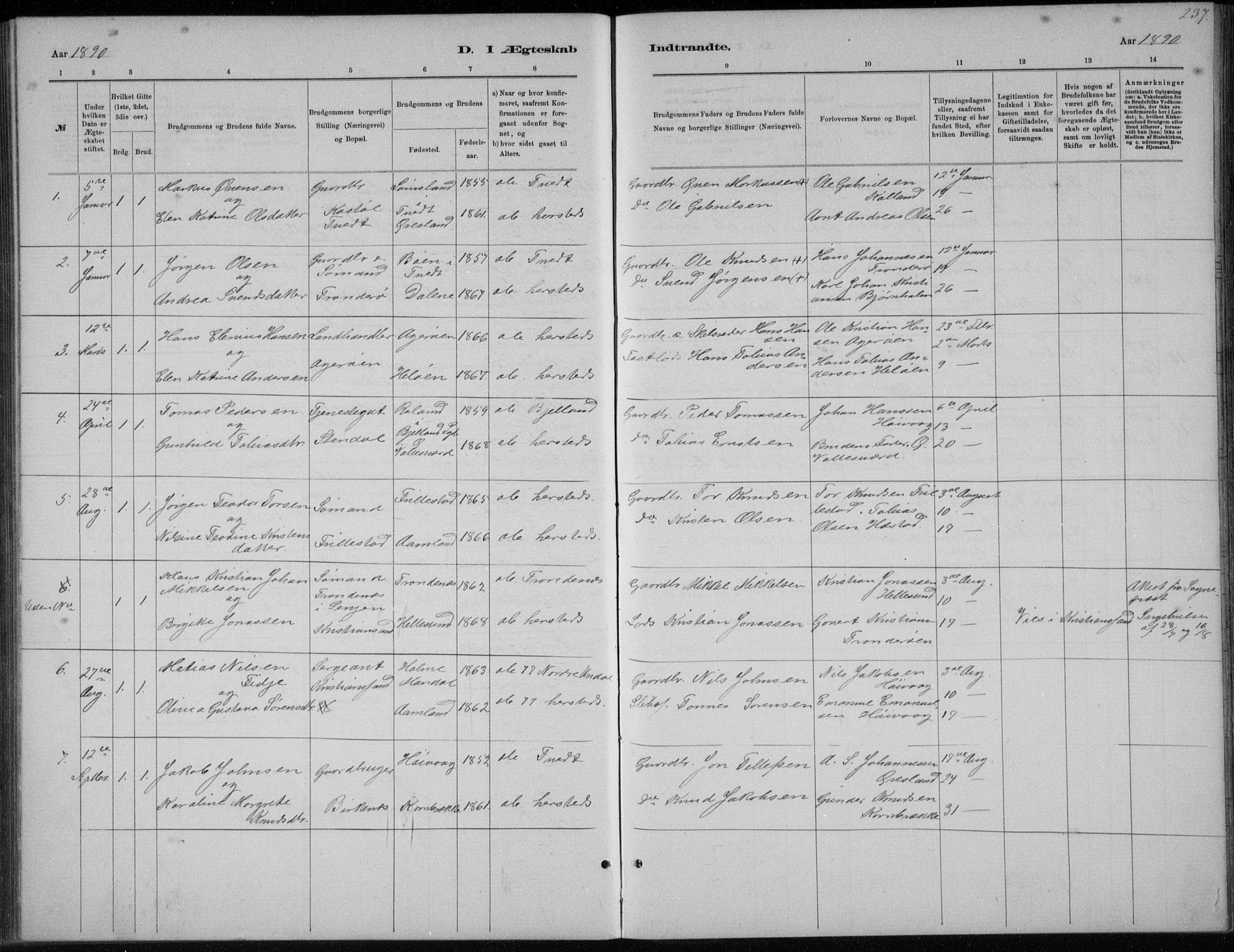 Høvåg sokneprestkontor, SAK/1111-0025/F/Fb/L0004: Parish register (copy) no. B 4, 1883-1898, p. 237