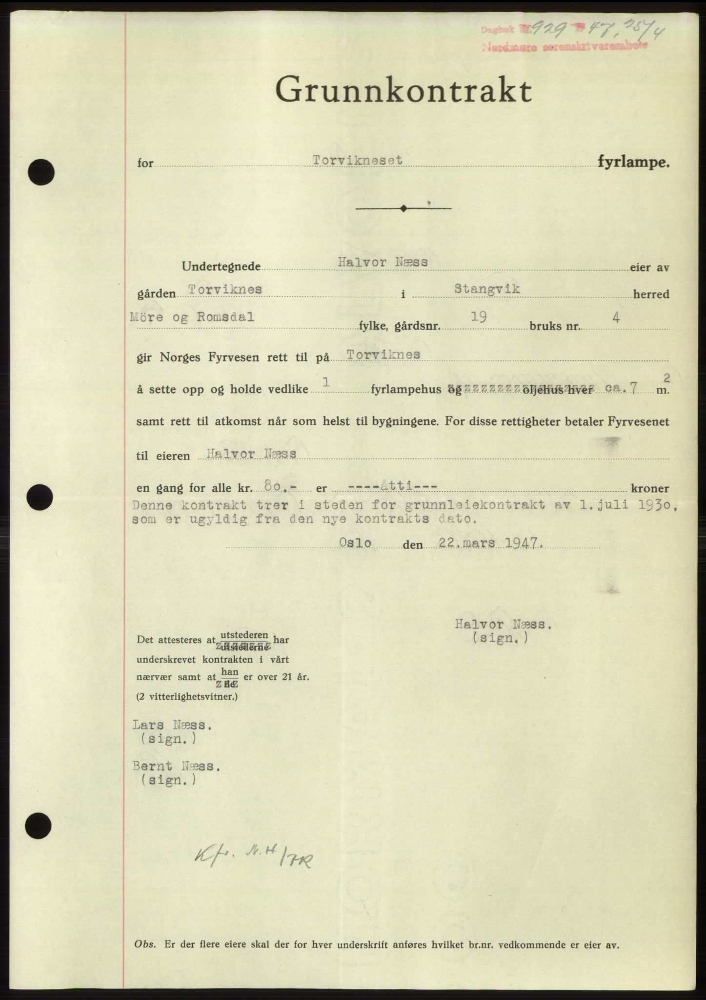 Nordmøre sorenskriveri, AV/SAT-A-4132/1/2/2Ca: Mortgage book no. B96, 1947-1947, Diary no: : 929/1947