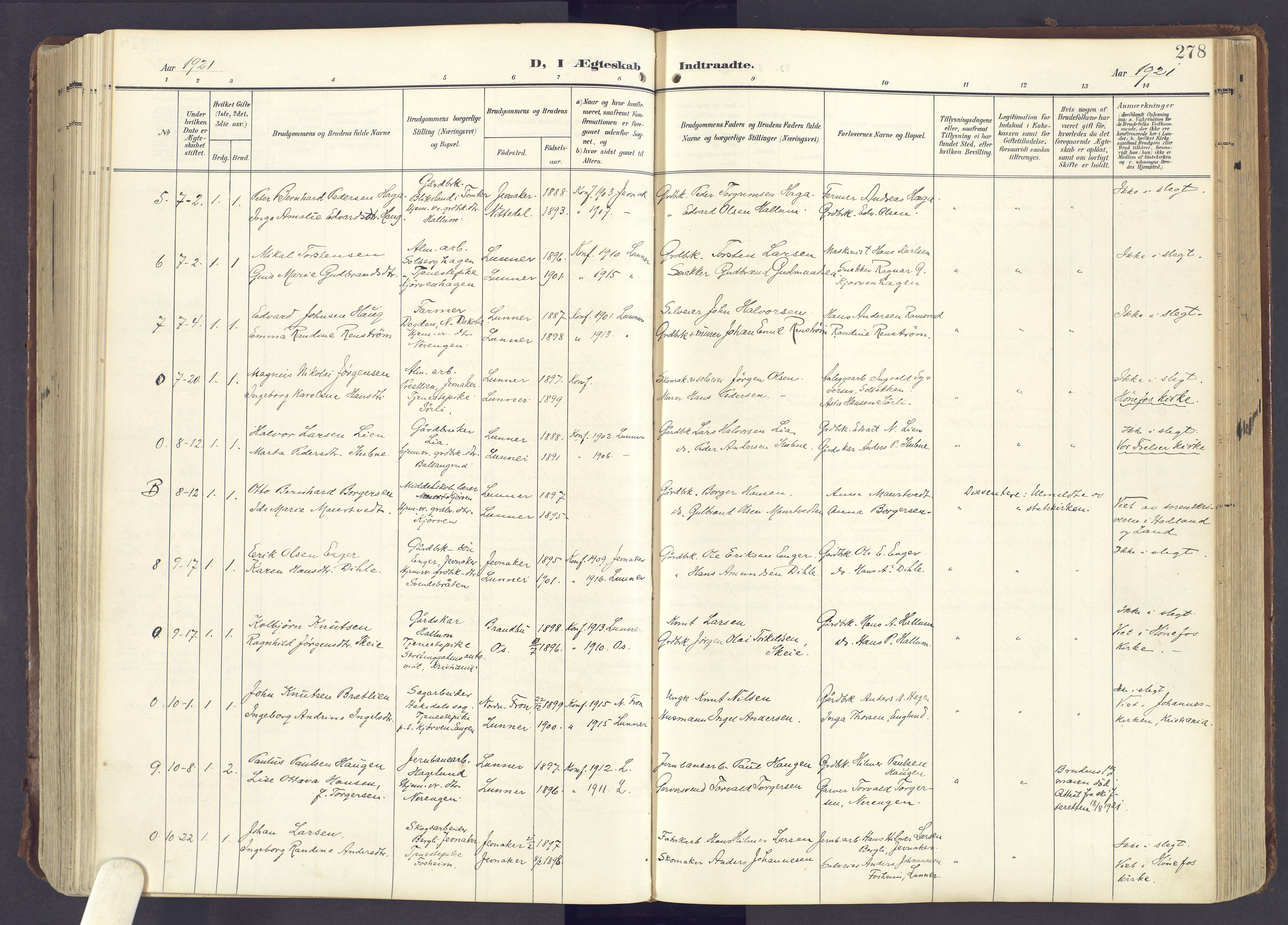 Lunner prestekontor, SAH/PREST-118/H/Ha/Haa/L0001: Parish register (official) no. 1, 1907-1922, p. 278